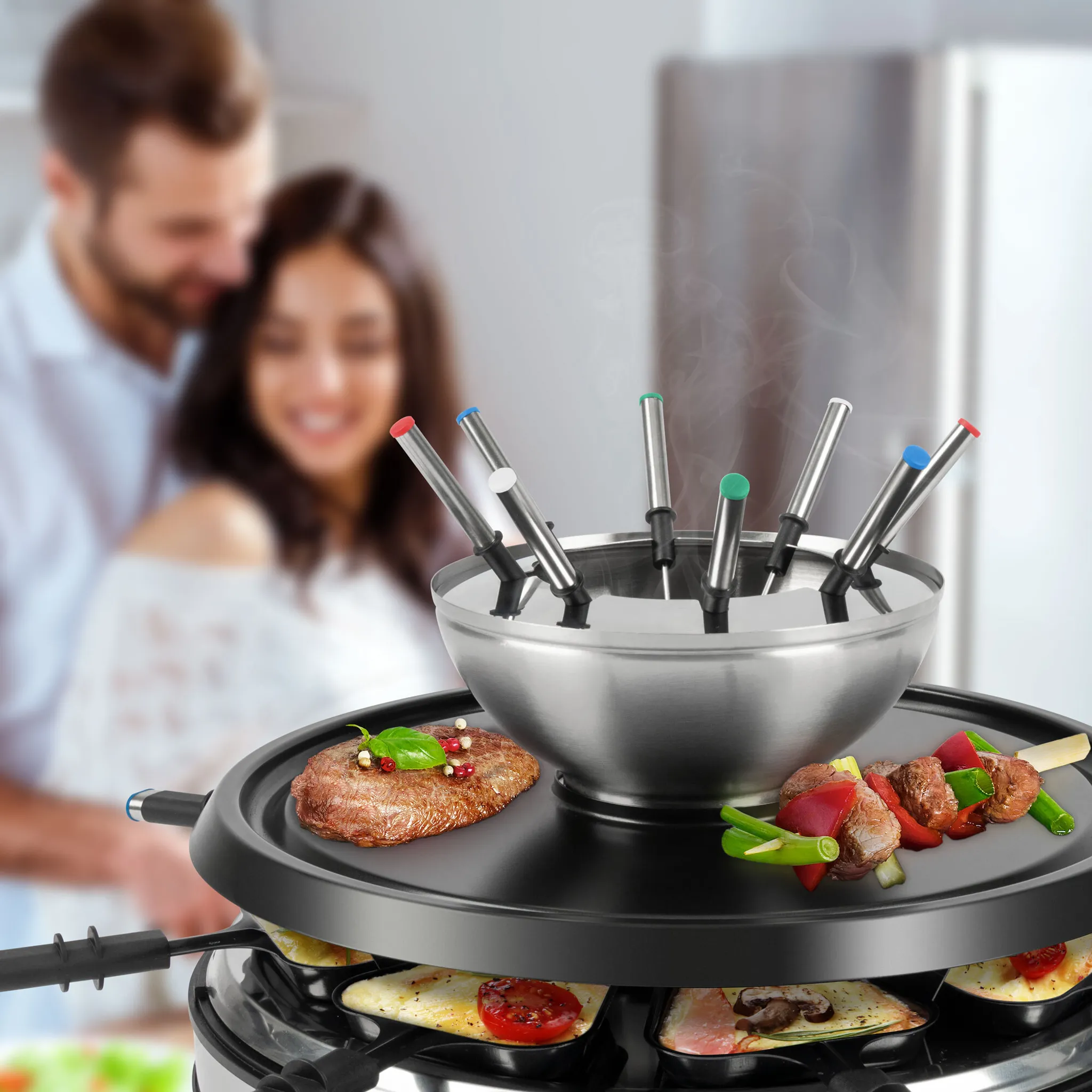 ProfiCook Raclette Fondue Kombination für 8 Personen 2in1 Raclette Grill mit Fondue Set inkl. Spatel Pfännchen und Gabeln