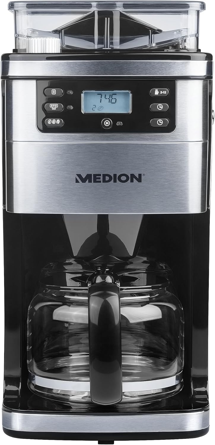 MEDION MD15486 Kaffeemaschine mit Mahlwerk und Glaskanne Wassertank: 1,5 Liter 8 Mahlstufen max. 1050 Watt silber edelstahl