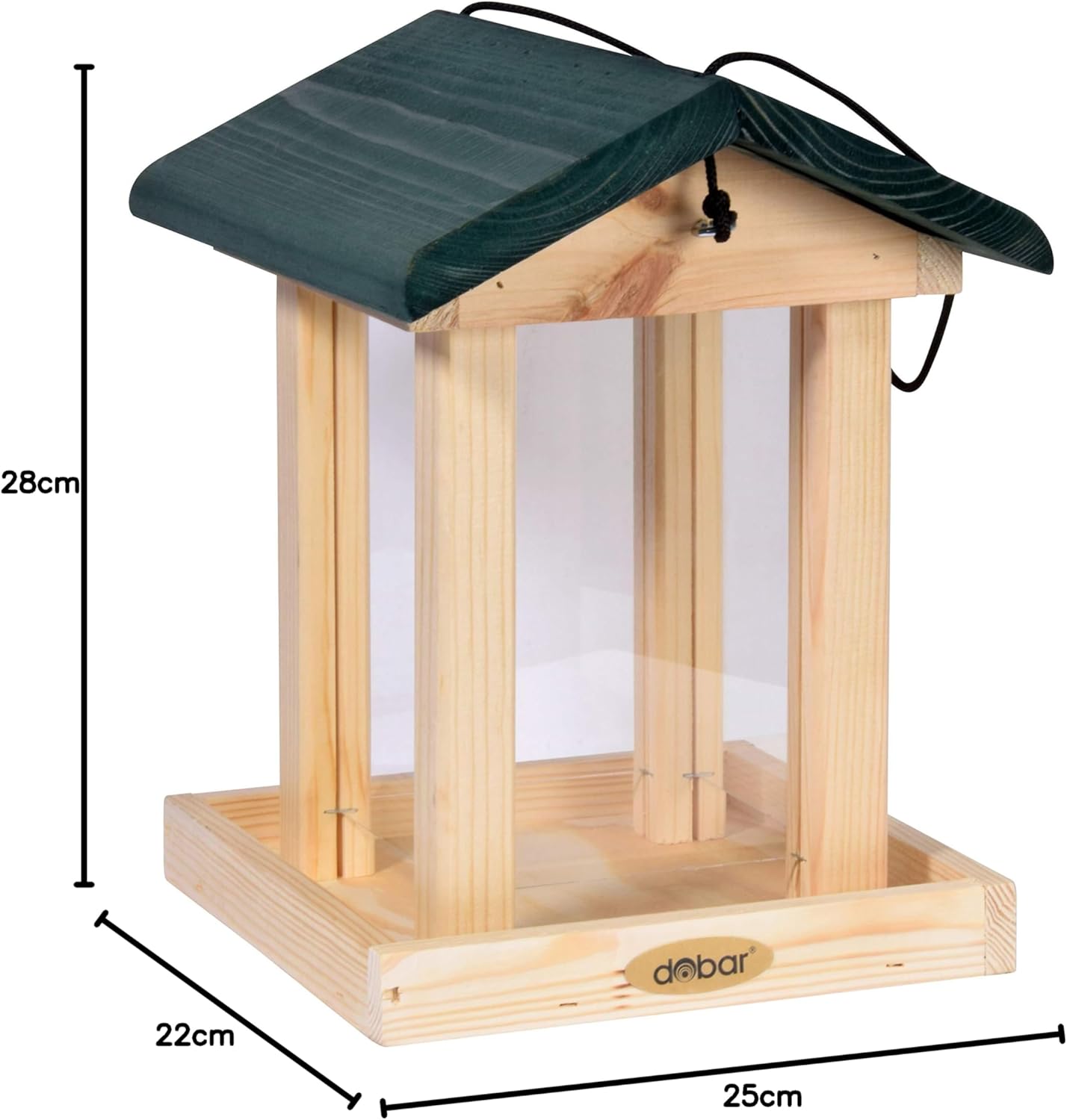 dobar Vogelfutterhaus Spitzdach Hängend - Vogelhaus Massivholz - Vogelvilla großes Futtersilo - Vogelfutterstation zum Aufhängen - Futterstation - 22 x 25 x 28 cm - Grün