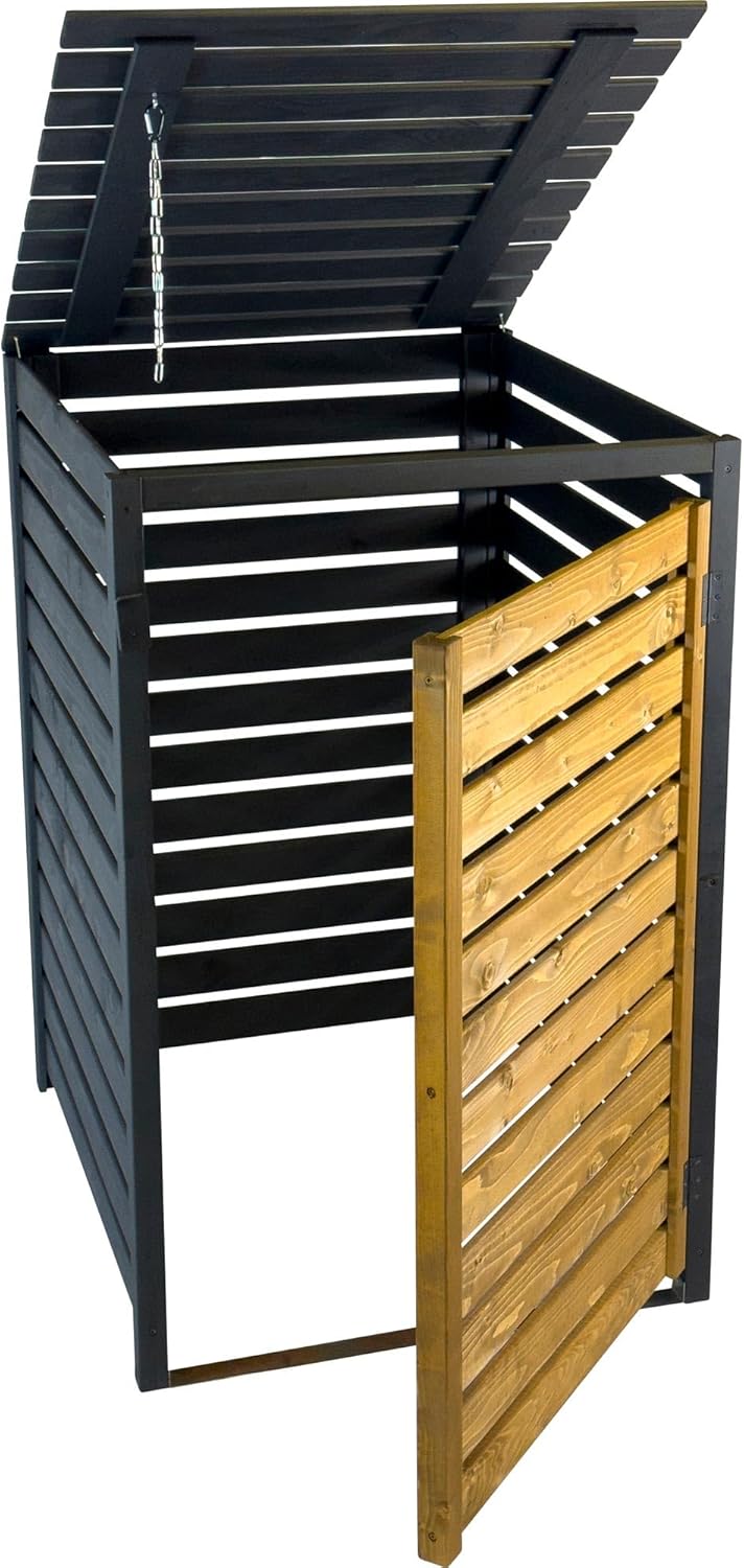 dobar green Label Mülltonnenverkleidung 1er 240 L aus Holz in Braun-Schwarz als Bausatz - Mülltonnenbox mit Deckel und Schwingtür zweifarbig - 77 x 87 x 121 cm