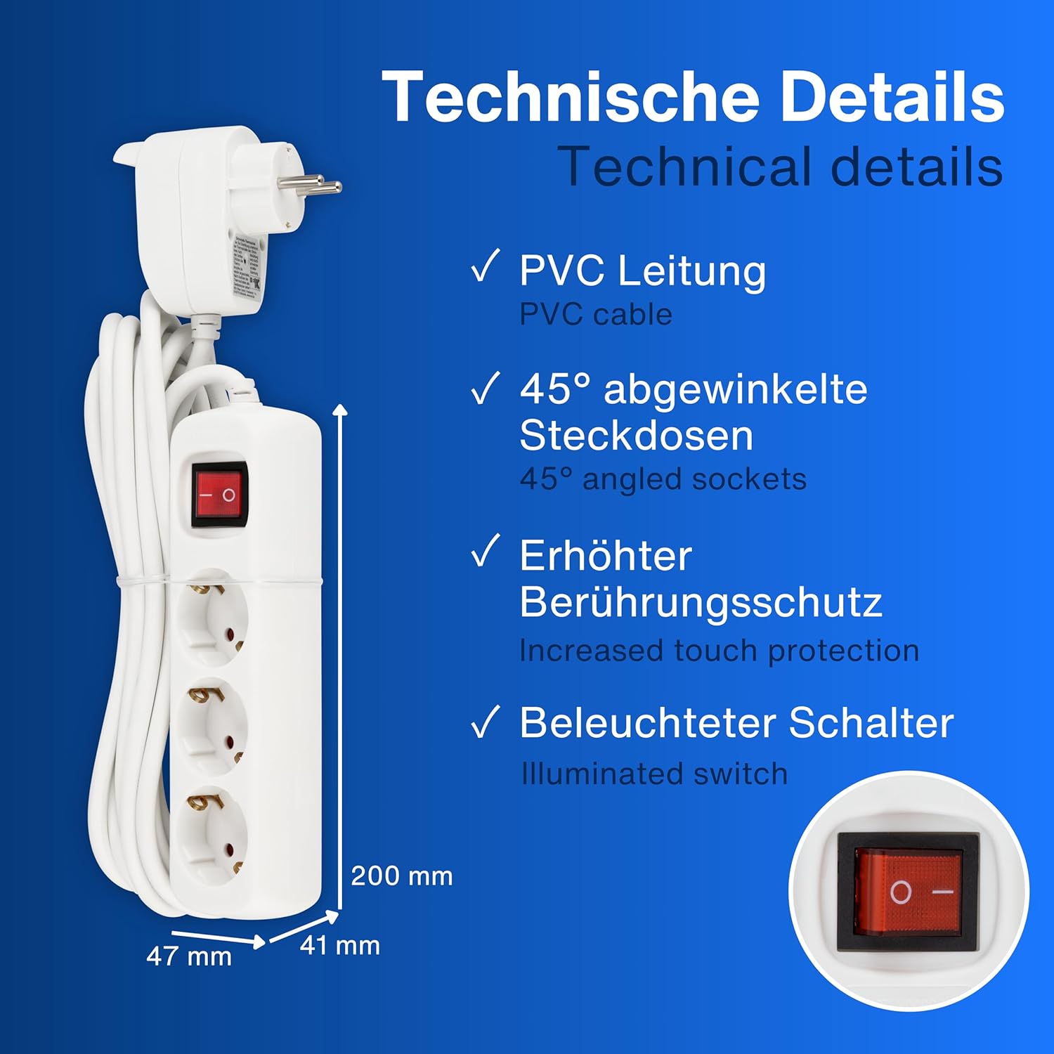 REV Steckdosenleiste PowerSplit - Mehrfachsteckdose 4-Fach (3+1) mit Schalter Wandsteckdose bleibt erhalten 3500W 5m weiß