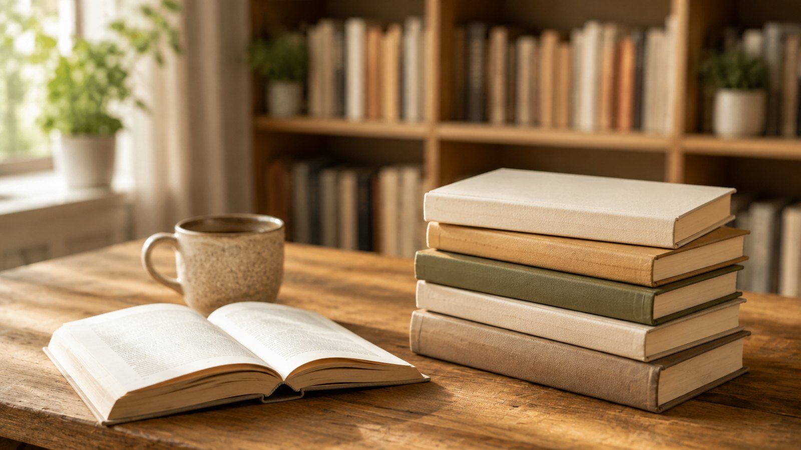 Buch, Tisch, Kaffeebecher, Offenes Buch, Bücherstapel
