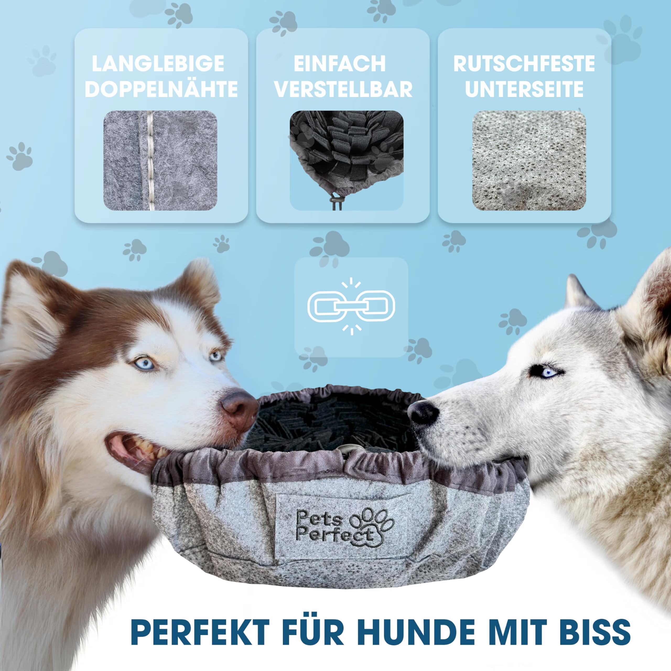 Hundebett, grauer Filz, Doppelnähte, verstellbarer Rand, rutschfeste Unterseite