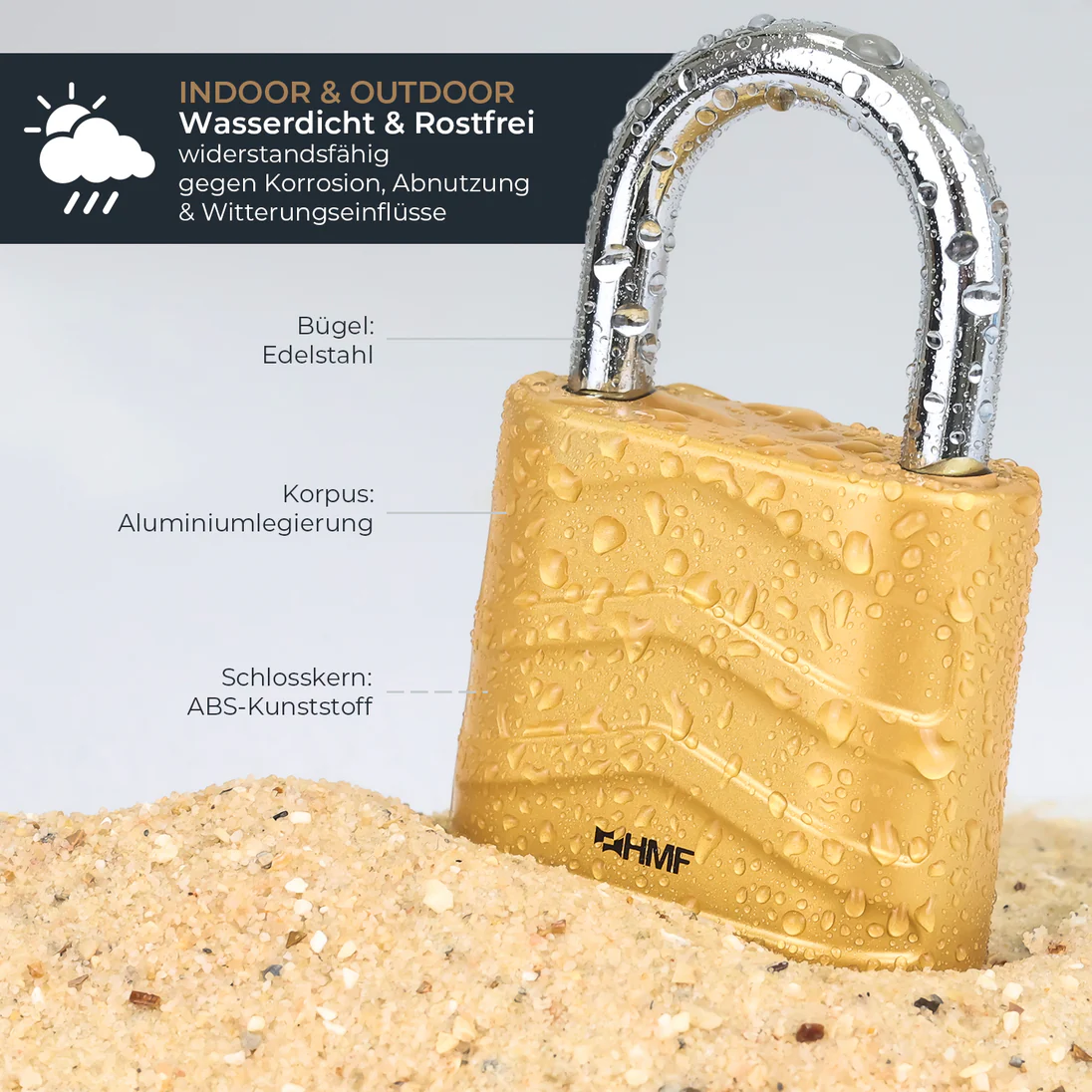 HMF Zahlenschloss Vorhängeschloss robustes Schloss mit 4-stelligem Zahlencode aus Aluminiumlegierung 5,6 x 2,6 x 8,7 cm Gold