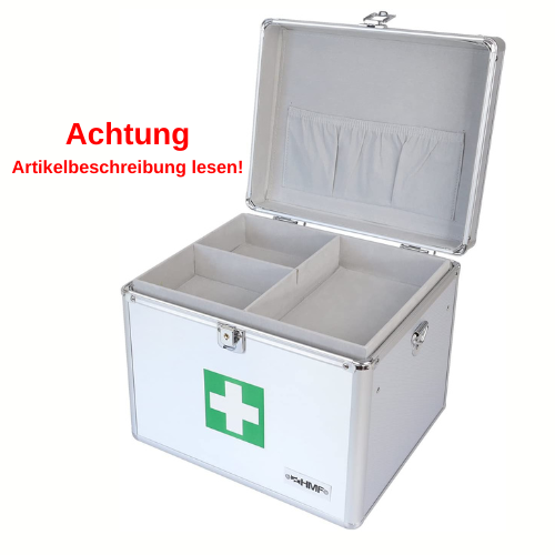 Erste-Hilfe-Koffer, Aluminiumkoffer, Silberfarben, Facheinteilung, Grünes Kreuz
