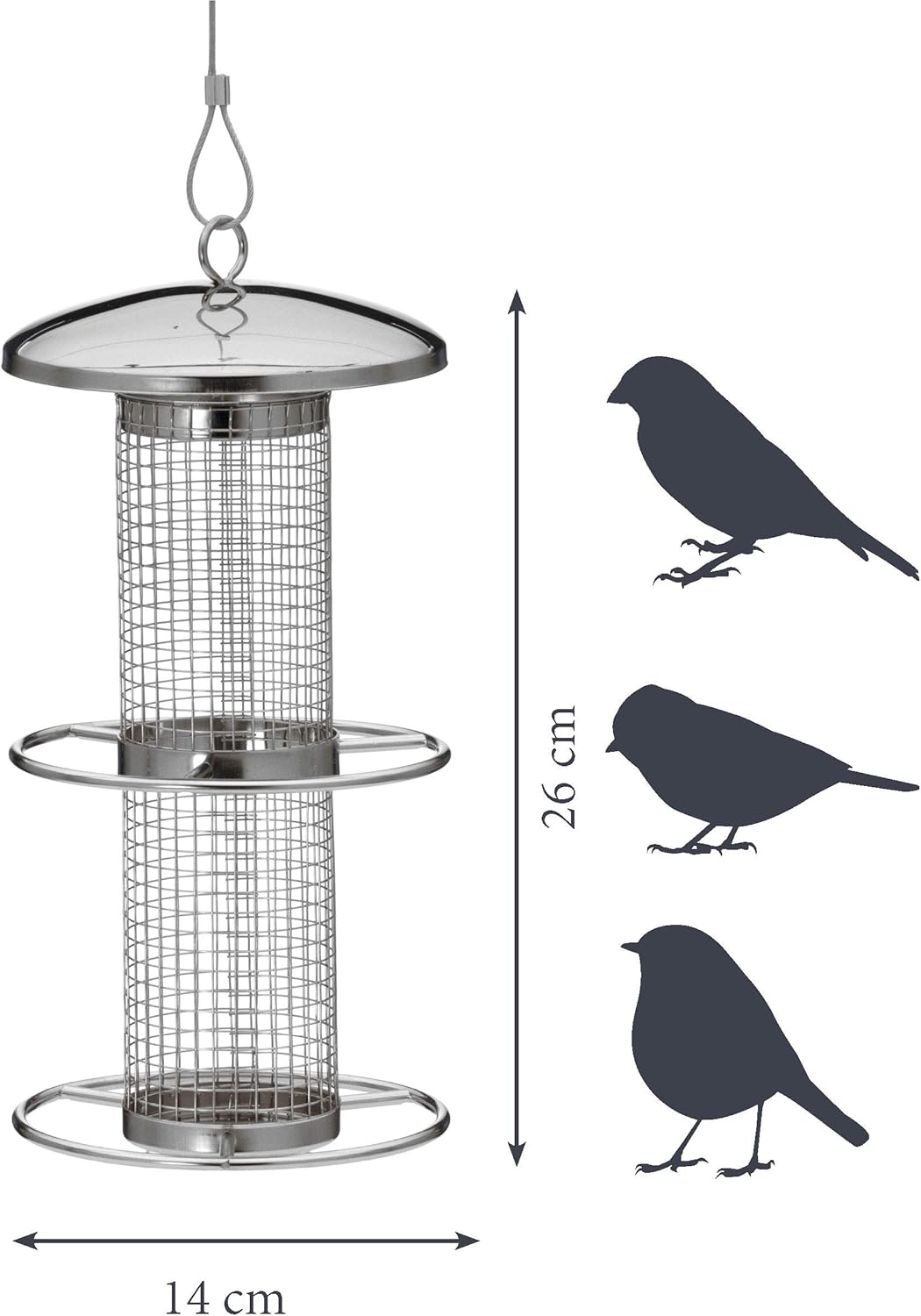 dobar Vogelfuttersäule mit Edelstahlschlaufe - Futterstation für Wildvögel - Vogelfutterspender mit Netz für Nüsse -Futterspender aus Stahl für Garten/Terrasse/Balkon - Ø 14 cm x 26 cm - Silber