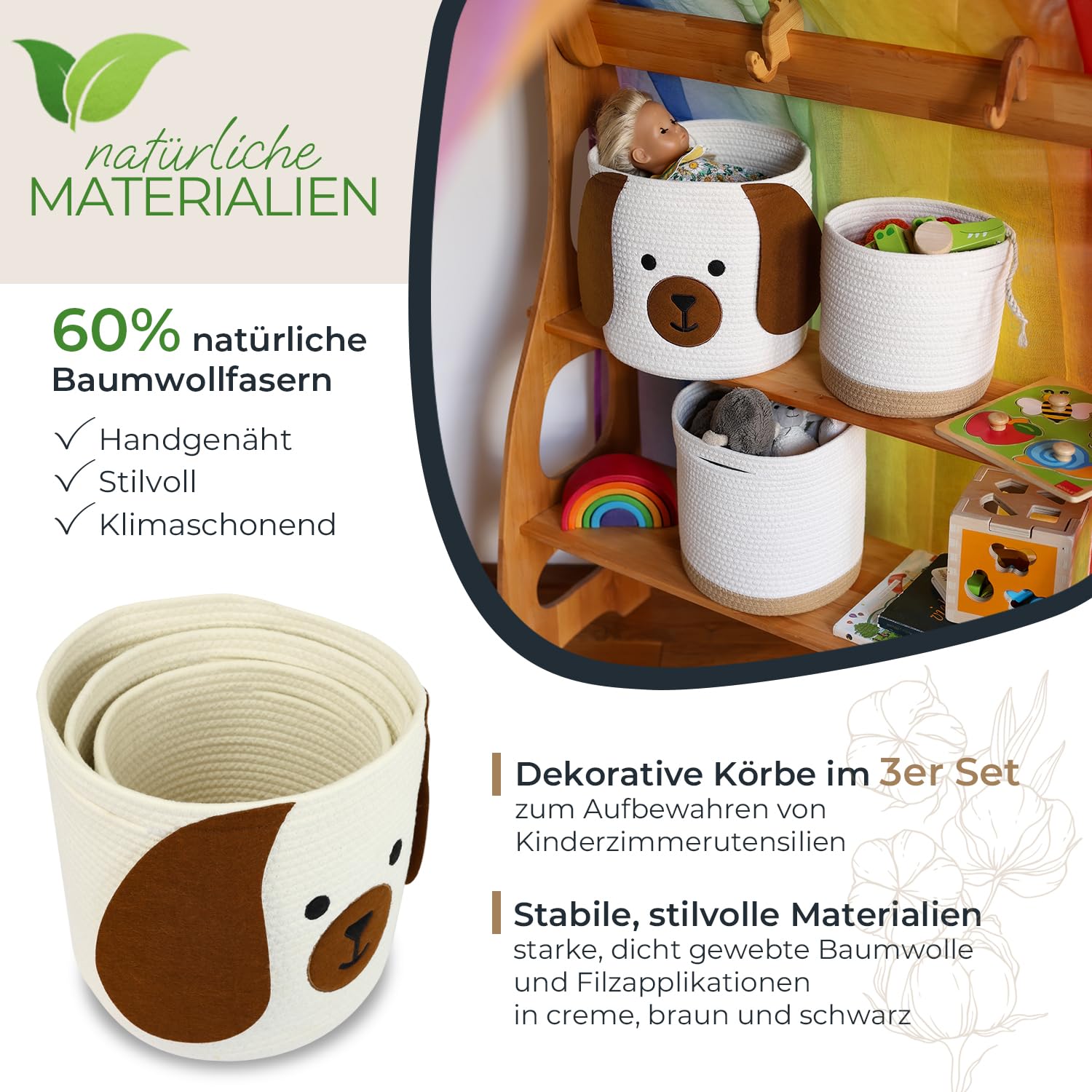 HMF Aufbewahrungskorb mit versteckten Griffen 3er Set, Korb für Kinderzimmer aus Baumwolle Hund Groß, Mittel, Klein