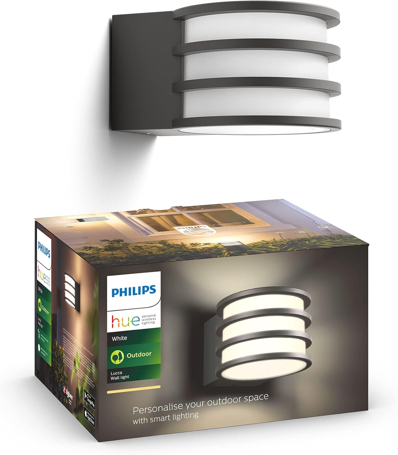 Philips Hue White Lucca Wandlleuchte für den Aussenbereich Anthrazit 806lm, dimmbar, warmweißes Licht, steuerbar via App  kompatibel mit Amazon Alexa Echo Echo Dot