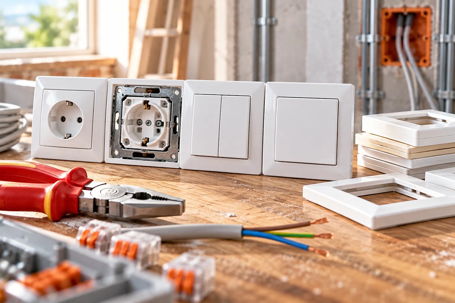 elektrische Steckdosen, Doppelschalter, Wandsteckdose, Elektroplatte, Montagezubehör