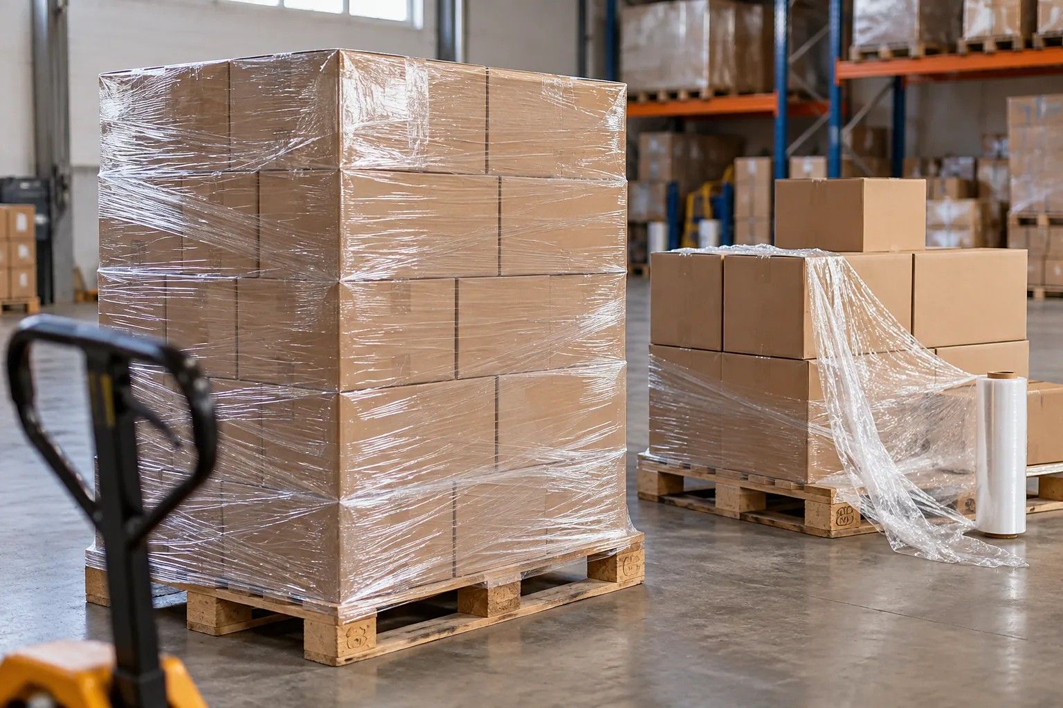 Kartonpakete, Güterlager, Paletten, Verpackungskunststofffolie, Logistik