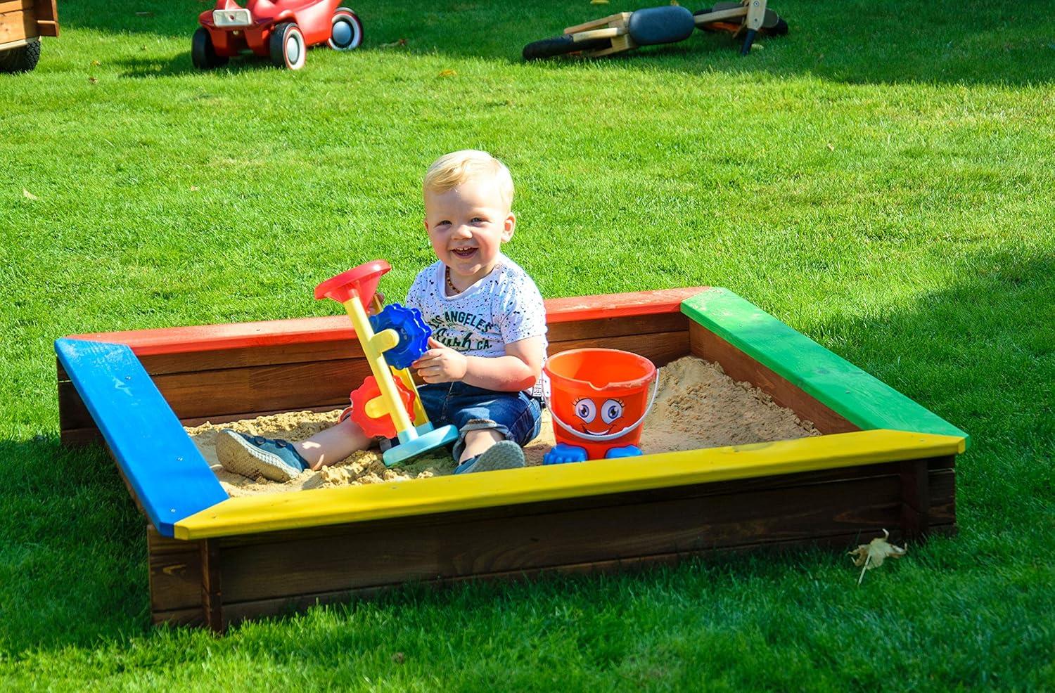 dobar green label quadratischer Sandkasten Bunte Sandkiste Holz ohne Dach Klassischer Kinder-Sandbox aus massivem Vollholz 117 x 117 x 18 cm 5-farbig