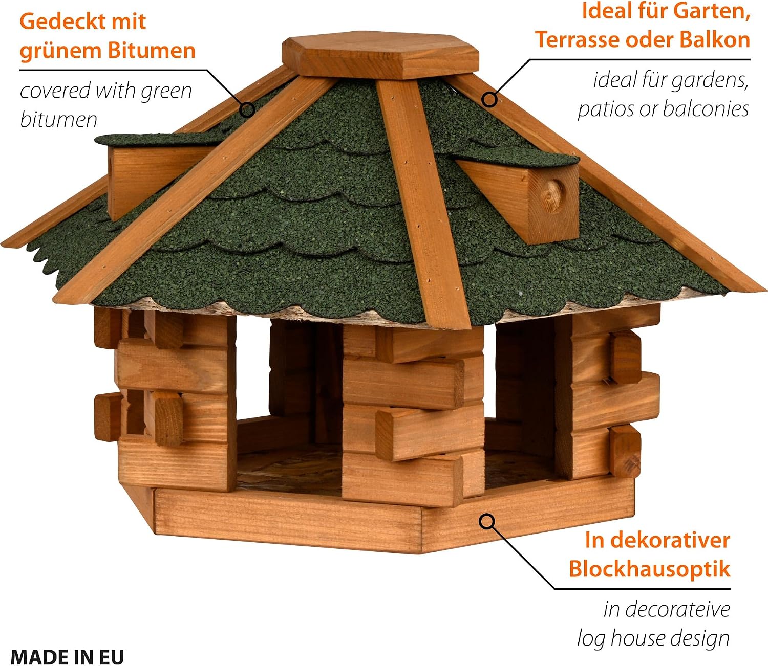 Vogelfutterhaus, Holz, grünes Bitumendach, Blockhausoptik, Garten