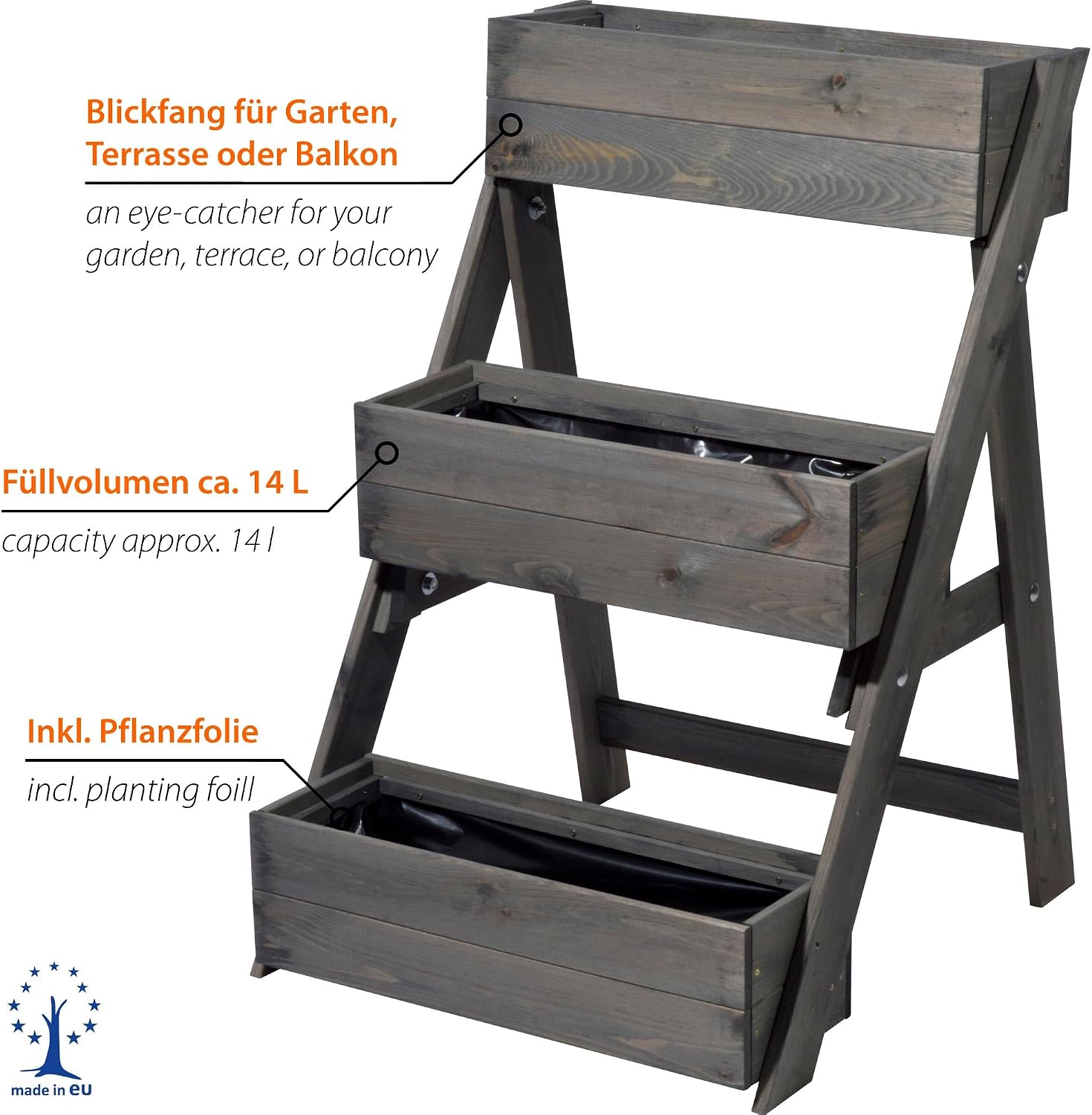 Holz-Pflanzgefäß, Blumenkübel, Blumentreppe, Aufbewahrungsbox, 14-Liter-Volumen