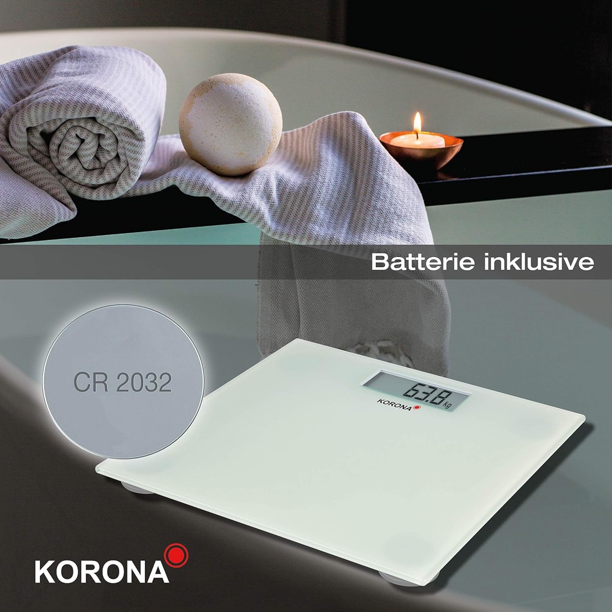 Digitale Personenwaage, Glasoberfläche, Weiß, LCD-Display, Batterie inklusive