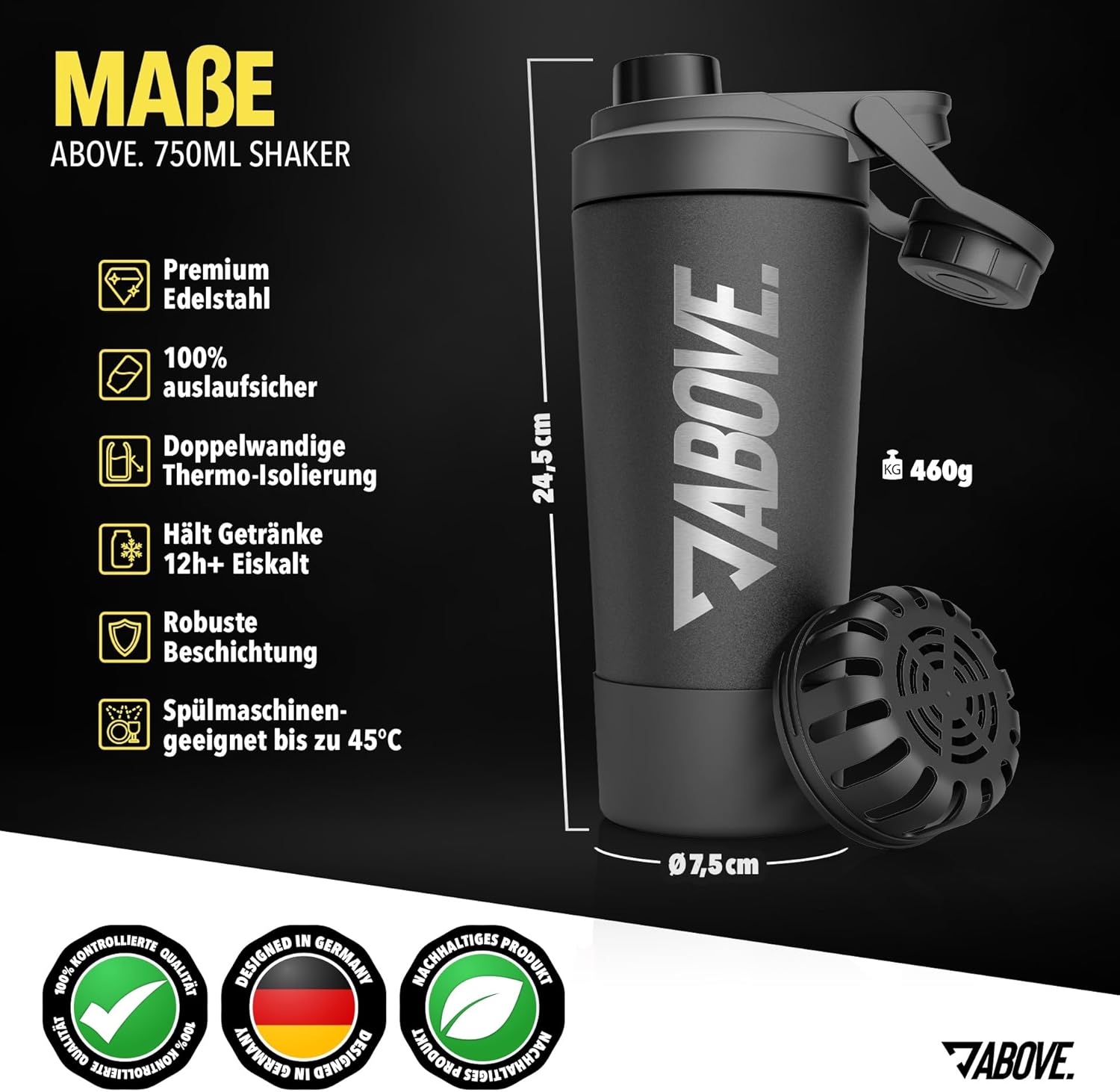 ABOVE Protein Shaker Edelstahl 750ml Eiweißshake Getränke schwarz
