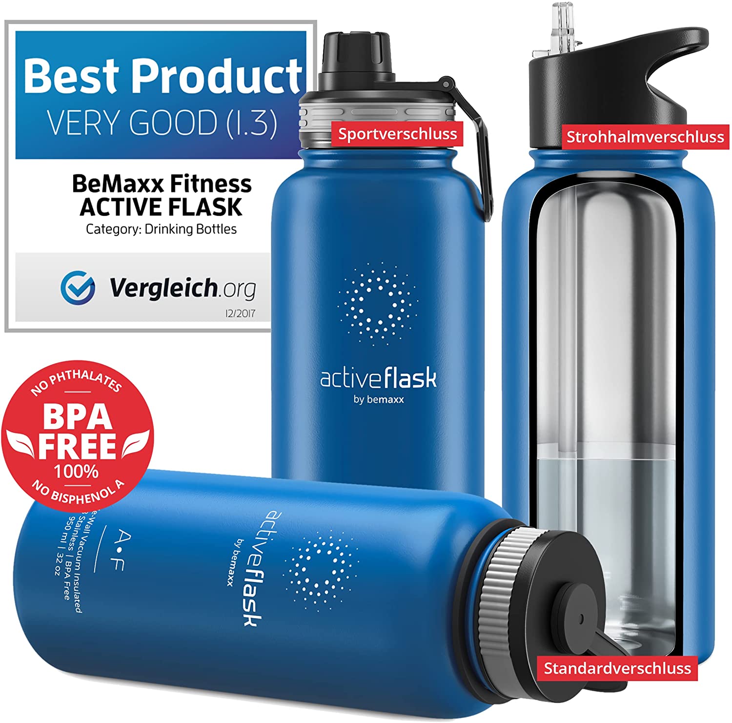 BeMaxx Trinkflasche Edelstahl ACTIVE FLASK blau 950ml