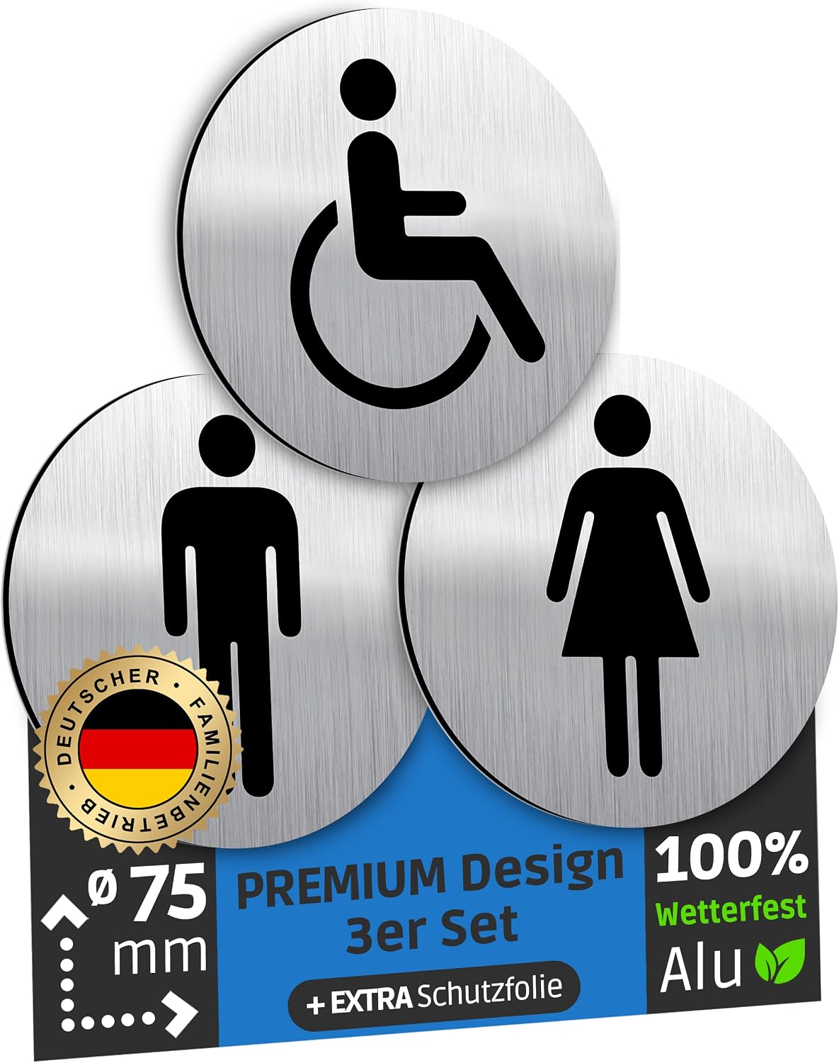 WC-Schilder, Aluminium, gebürstet, silberfarben, 3er-Set