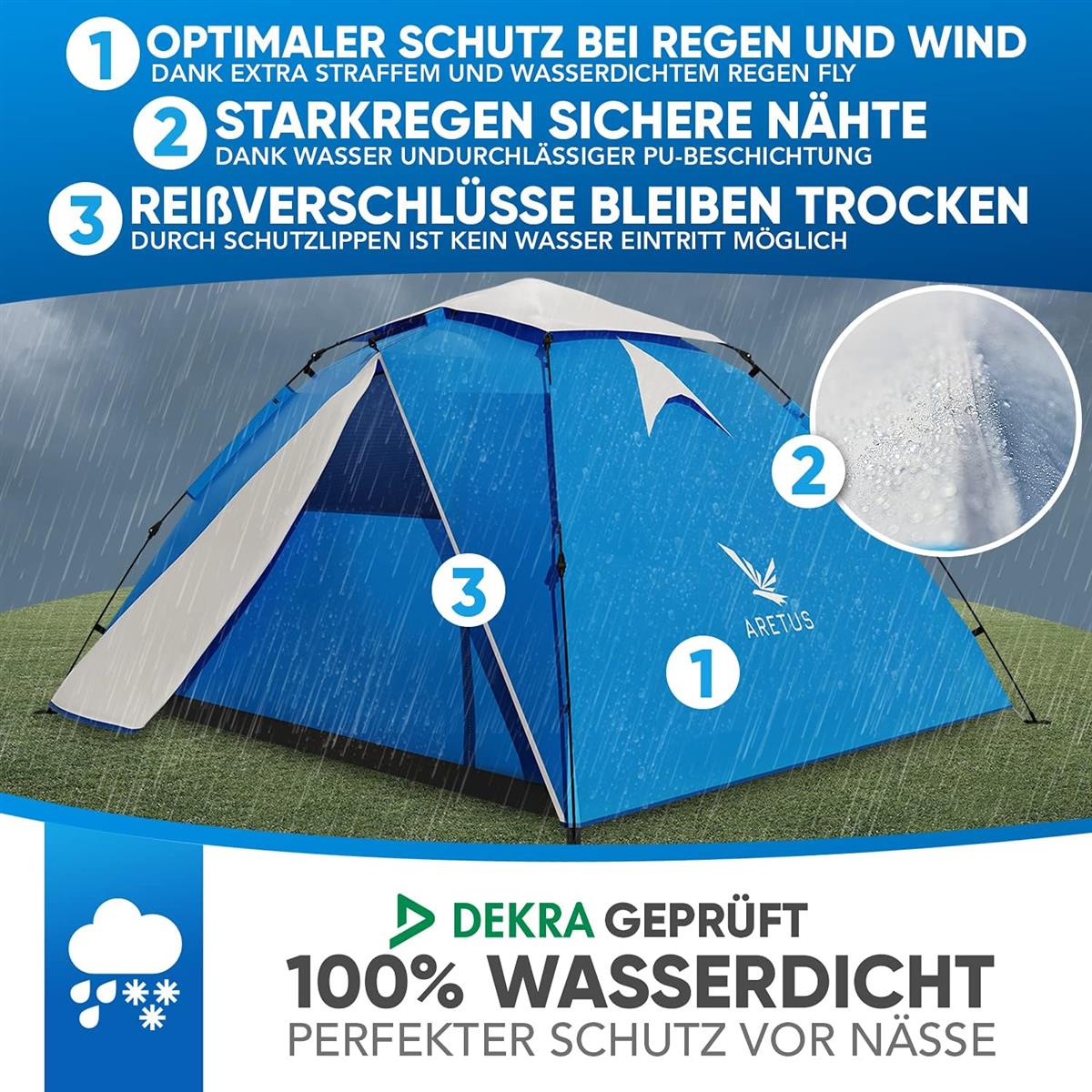 Campingzelt, Wasserdicht, Reißverschluss, Regenschutz, PU-Beschichtung