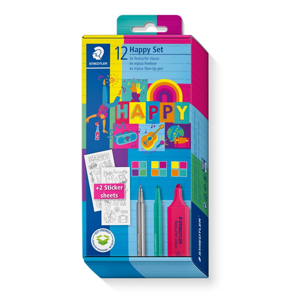 Staedtler Marker Set, in den bunten Happy-colours, 4 Textmarker, 4 Fasermaler, 4 Fineliner, Sticker zum Ausmalen, lange Lebensdauer, unterschiedliche Linienbreiten, 61 SC1 HA