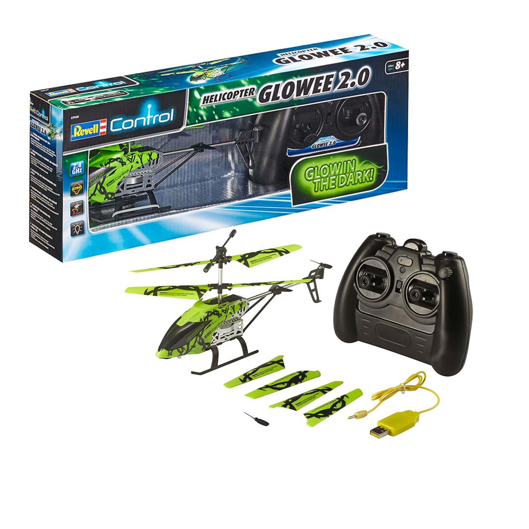 Revell Control Helicopter Glowee 2.0 I LEDs für spektakuläre Lichteffekte I Koaxial-Rotorsystem mit Gyro I 3CH-GHz-Fernsteuerung I Inklusive USB-Ladegerät und Ersatzrotorset