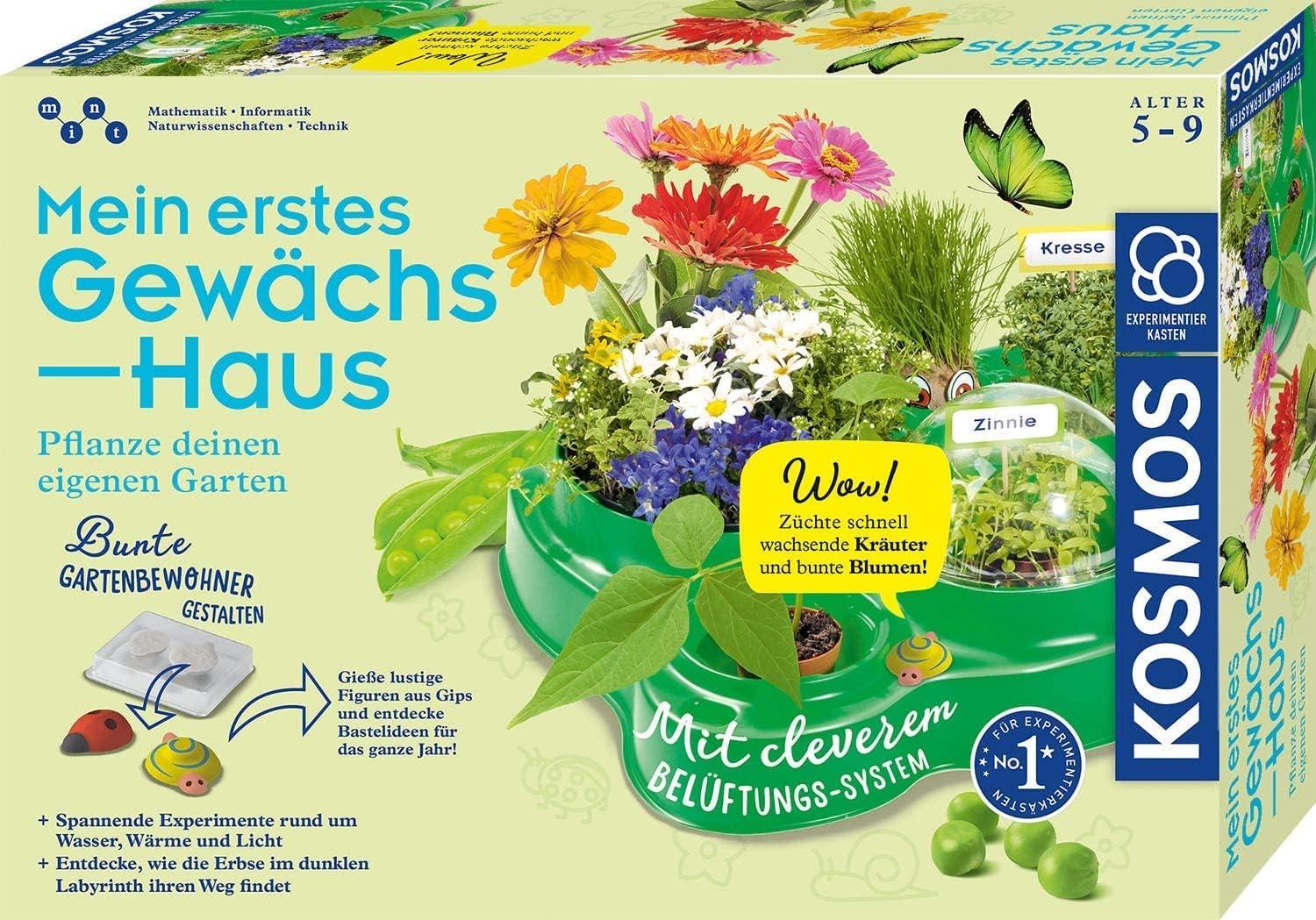 Kosmos 632083 Mein erstes Gewächshaus Gärtnern für Kinder Komplett-Set mit Samen Erde Experimentierkasten Pflanzen Blumen Biologie