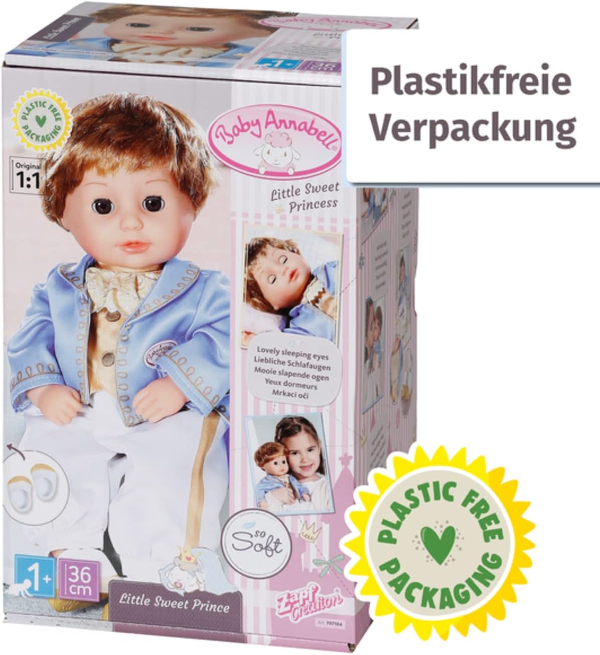 Baby Annabell, Little Sweet Prince 36 cm, weiche Prinzen-Puppe mit hochwertigen Haaren, Schlafaugen, blauem Oberteil, weißer Hose und Schuhen, 707104 Zapf Creation
