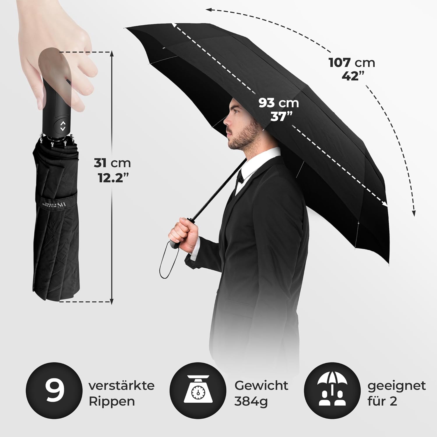 Wilford & Sons Regenschirm Taschenschirm Sturmfest + Auf-Zu Automatik Reiseschirm Taschenregenschirm Golfschirm Umbrella schwarz