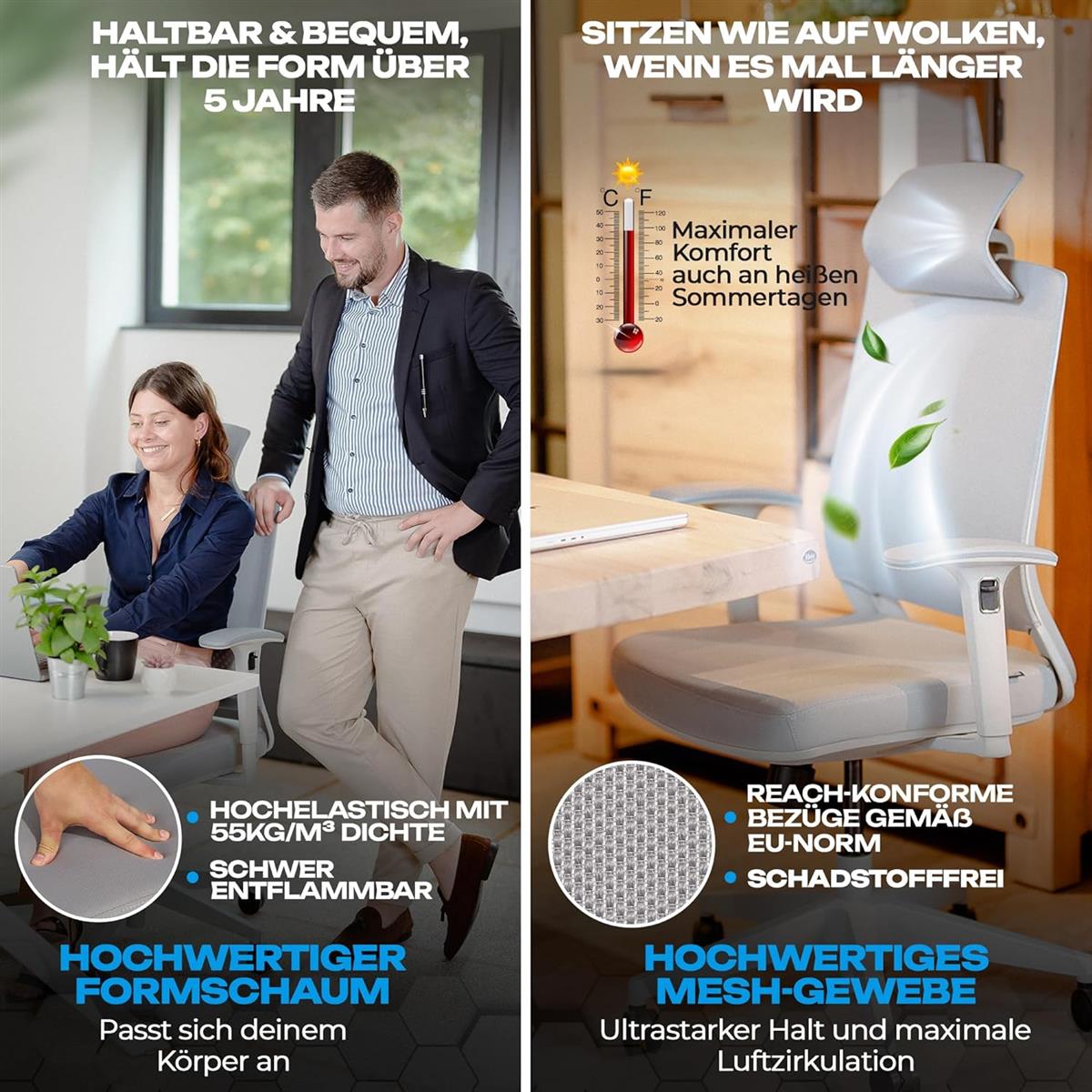 VALKENSTOL M2 Ergonomischer Bürostuhl 150 kg Schreibtischstuhl mit Kopfstütze grau