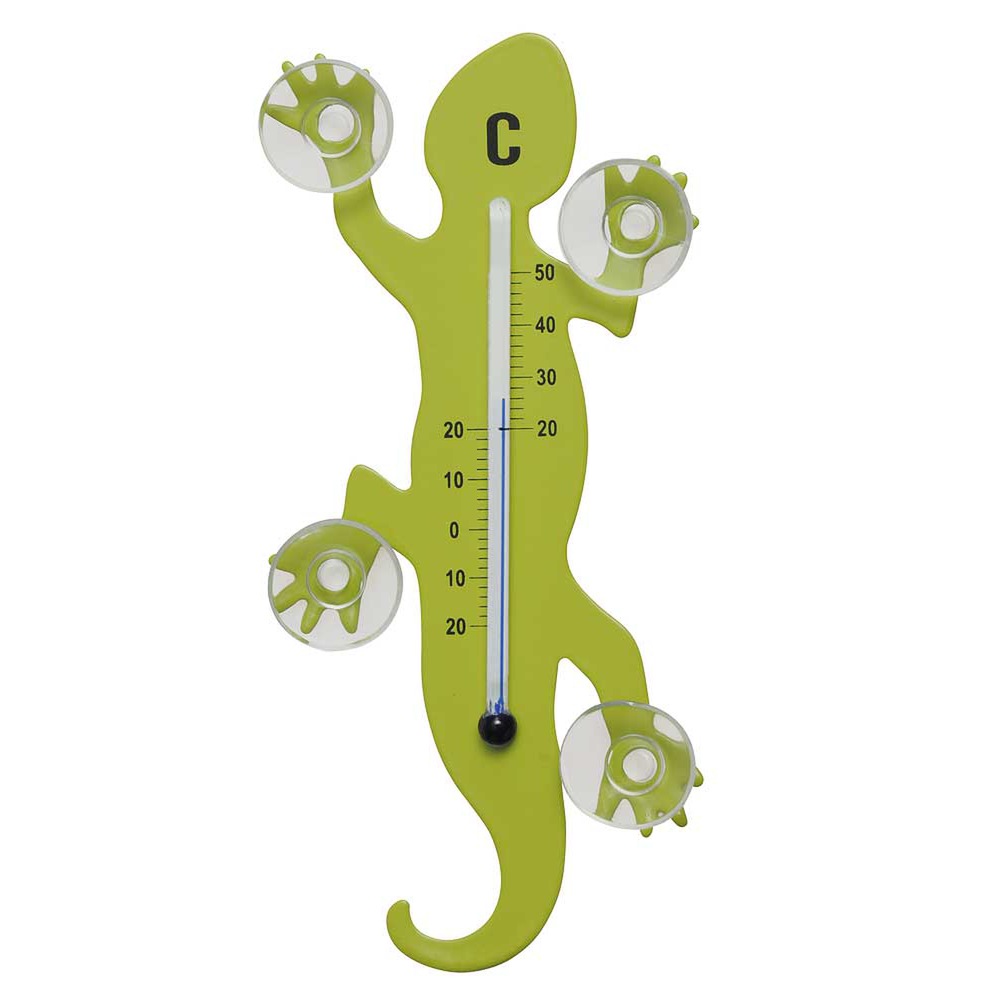 Fenster - Thermometer Gecko aus Metall, 14 cm mit 4 starken Saugnäpfen zur Befestigung innen und auß