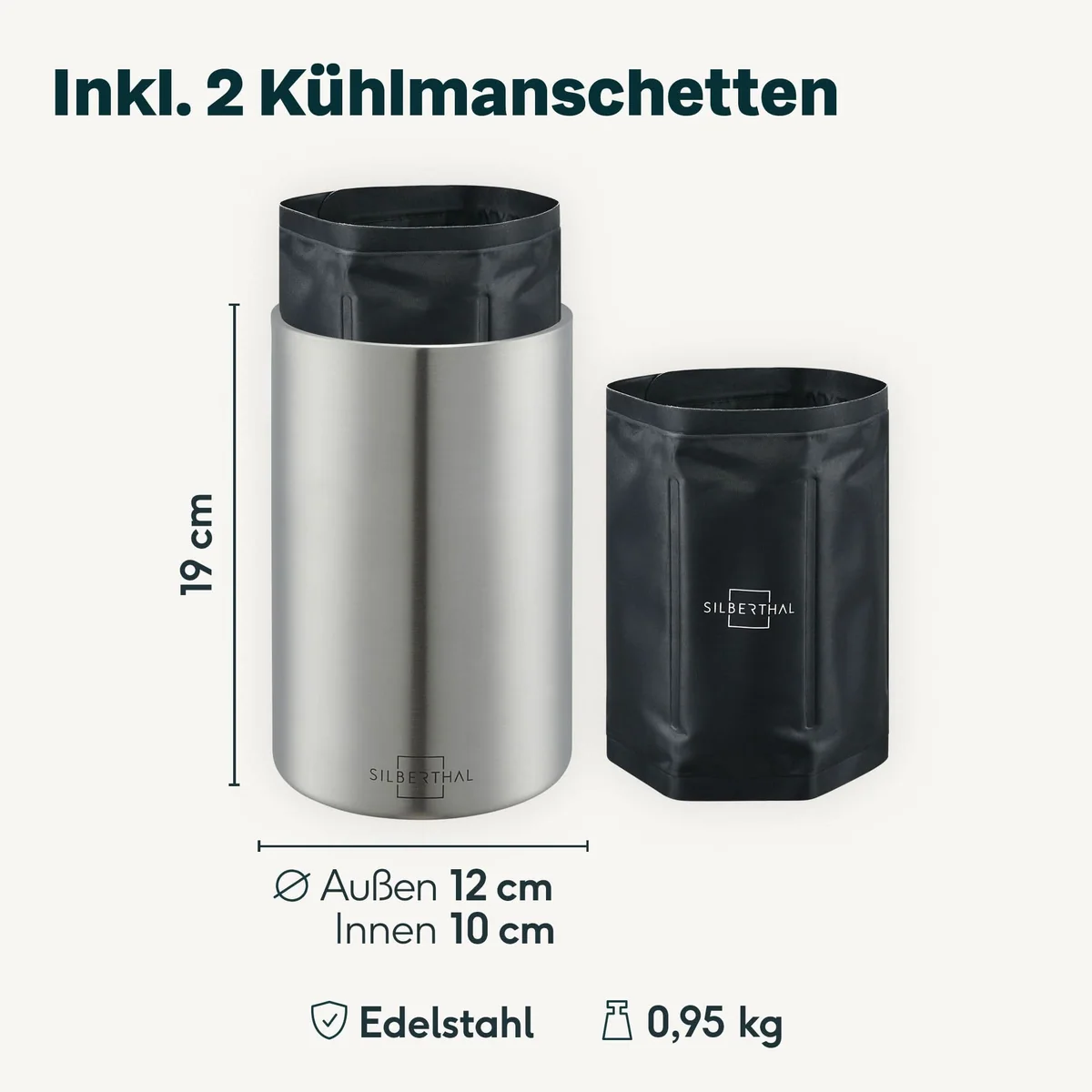 Weinkühler, Edelstahl, Silberfarben, Kühlmanschetten, Doppelwandig