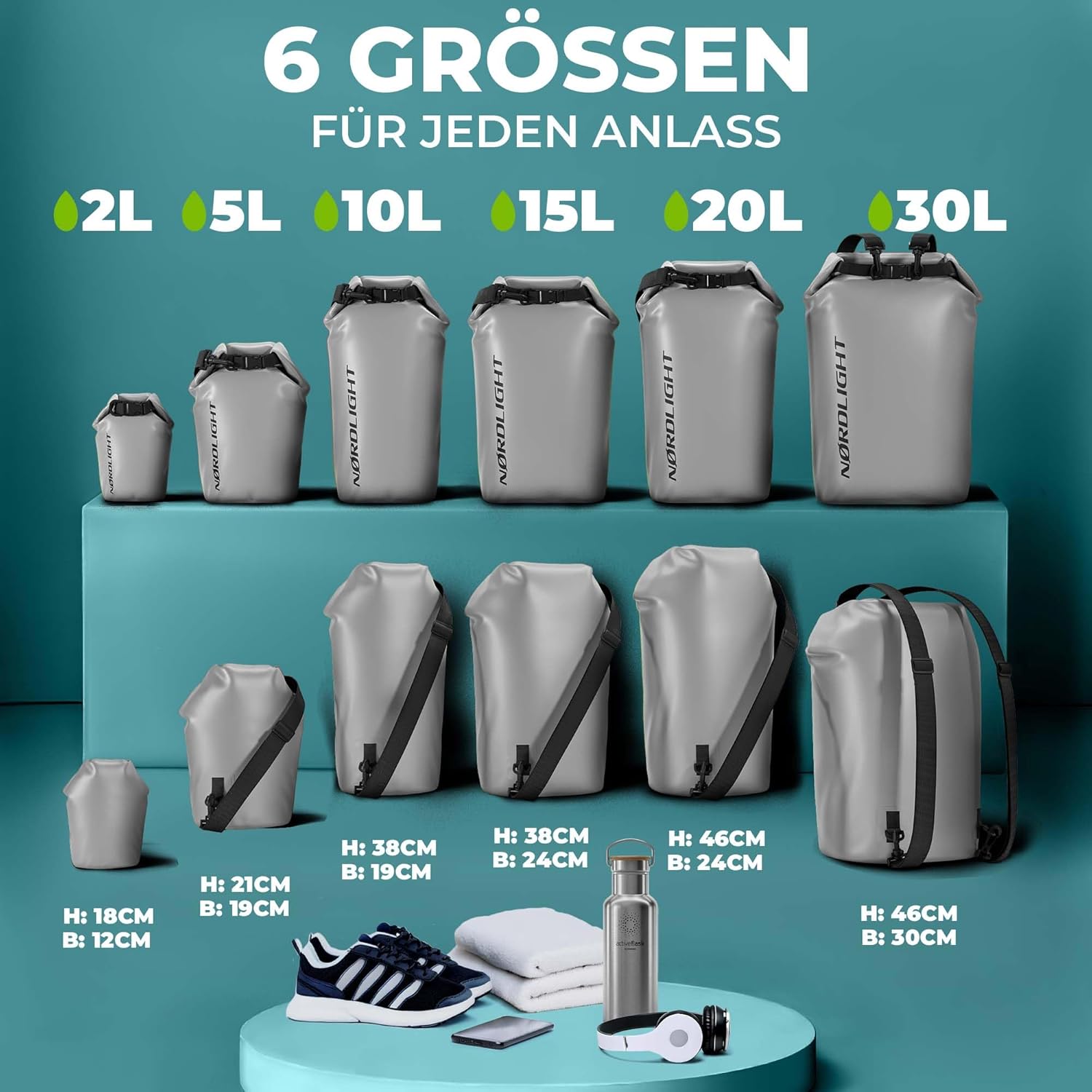 Nordlight 3er Set Wasserdichter Rucksack Dry Bag 10L - Roll Top Rucksack Kurierrucksack grau