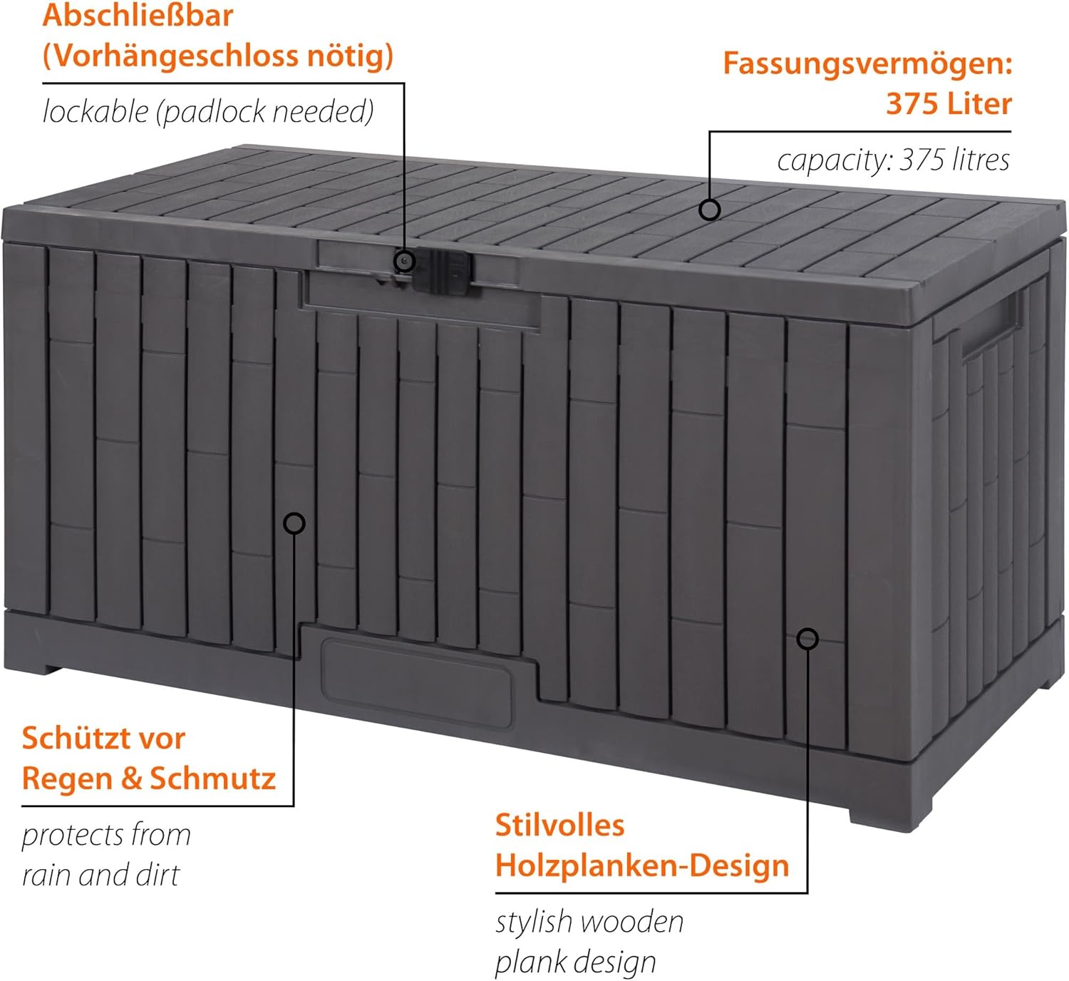 dobar Gartentruhe aus Kunststoff 300 L - Witterungsbeständige Auflagenbox in Holzoptik - Abschließbare Gartenbox für Kissen Polster und Zubehör - 117 x 45 x 56 cm - Anthrazit
