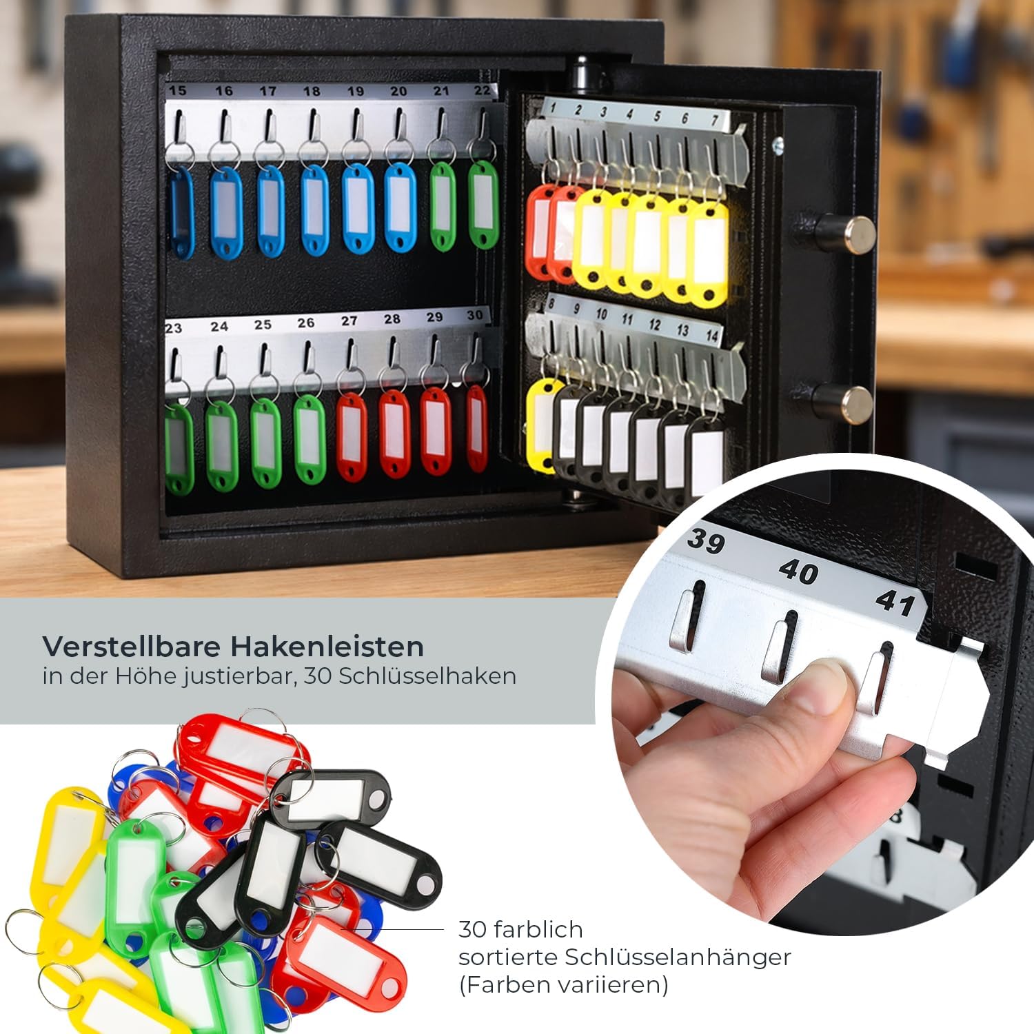 HMF Schlüsseltresor mit Zahlencode Schlüsselsafe mit Elektronikschloss 30 Haken 30 x 28 x 10 cm Schwarz