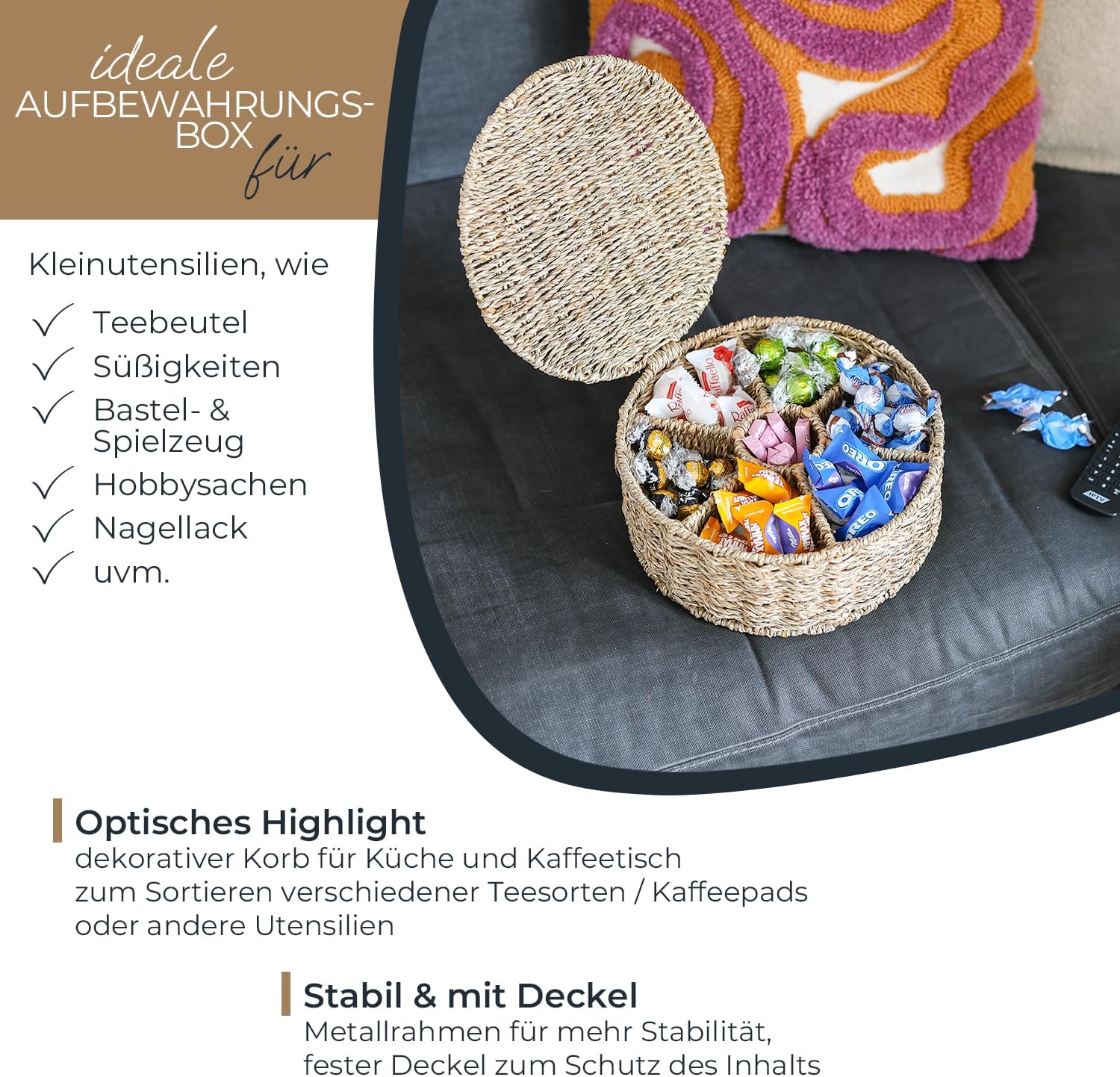 HMF Teebox für Teebeutel geflochten aus Seegras Tee Aufbewahrungsbox mit 7 großen Fächern 27 x 27 x 11 cm