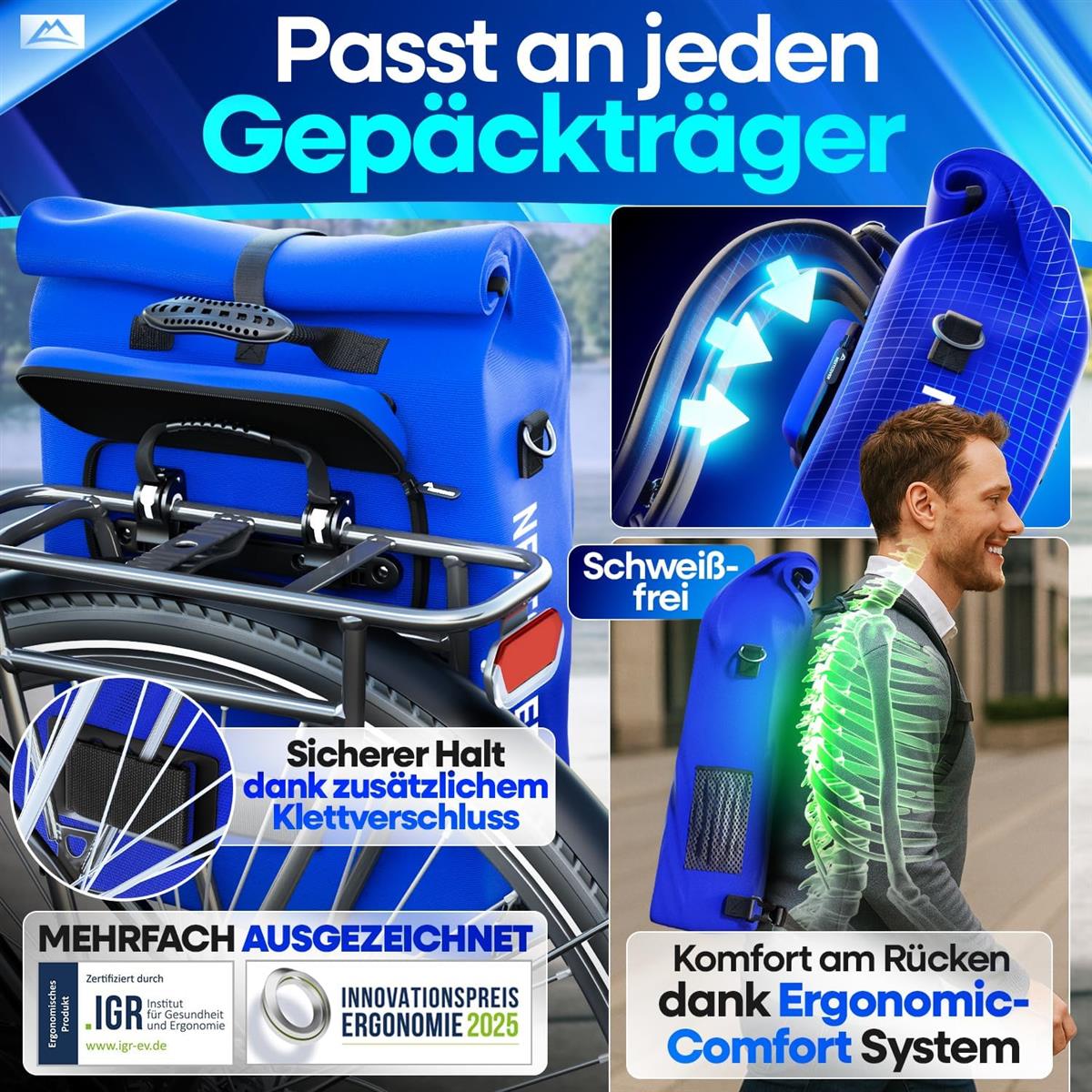 Nextcover NEU 3in1 Fahrradtasche für Gepäckträger PVC frei - Gepäckträgertasche, Fahrradtasche Rucksack und Umhängetasche 25L I Fahrrad Tasche wasserdicht Fahrradtaschen Gepäckträger