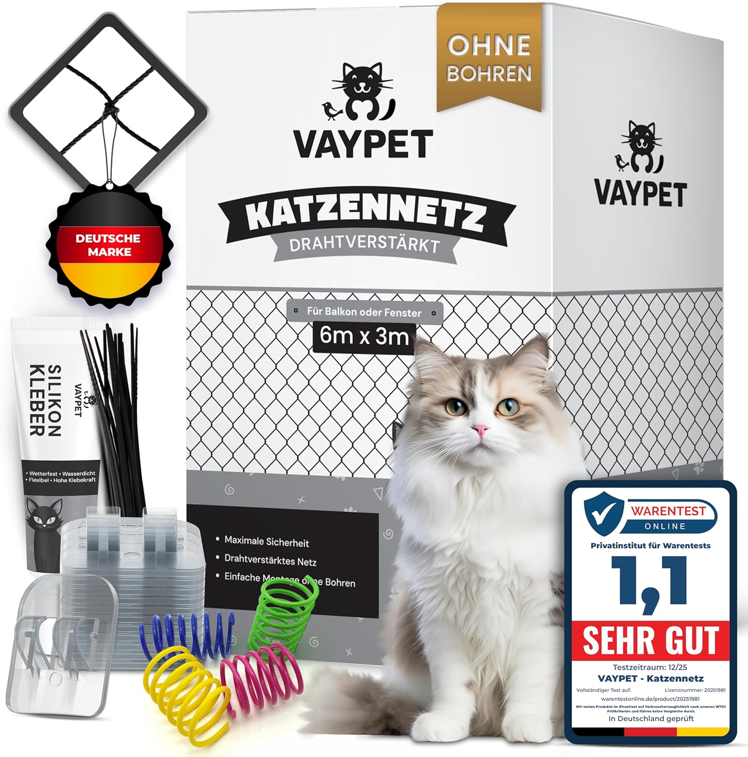 VAYPET Katzennetz für Balkon ohne Bohren 6x3m Tiernetz Balkonnetz Vogelschutznetz