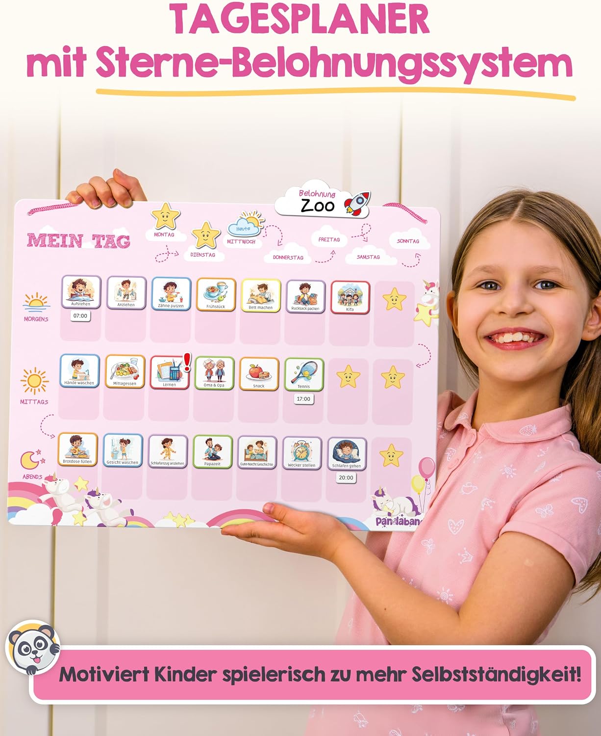 Kinderplaner, Tagesplaner, Sterne-Belohnungssystem, Panda, Pink
