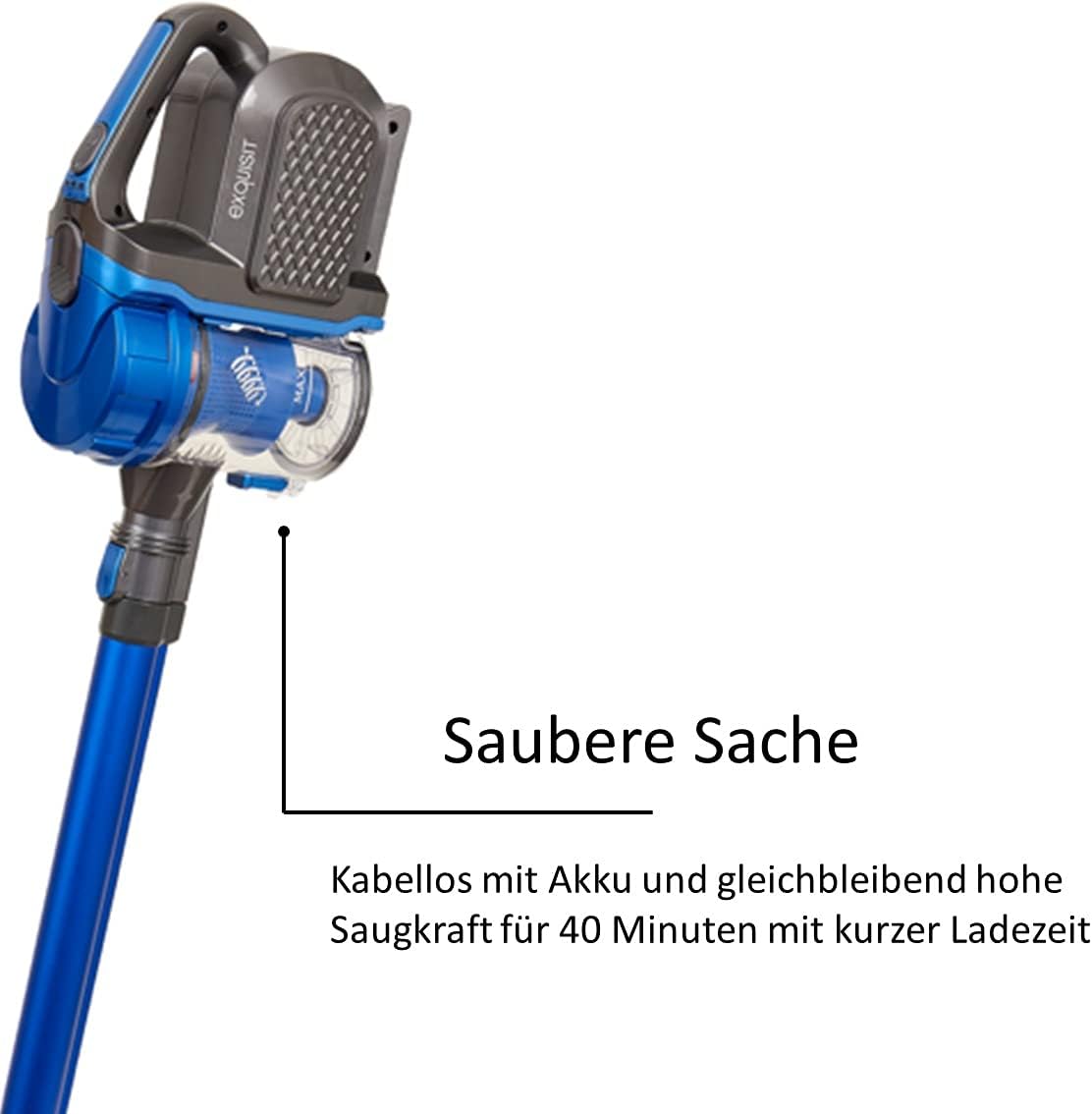 Exquisit BP 6601 BLS Akku-Staubsauger 2in1 kabelloser Staubsauger beutellos bis zu 40 Min. Akkulaufzeit Verschiedene Düsen LED-Beleuchtung 150 W  blau/schwarz 0.8 liters