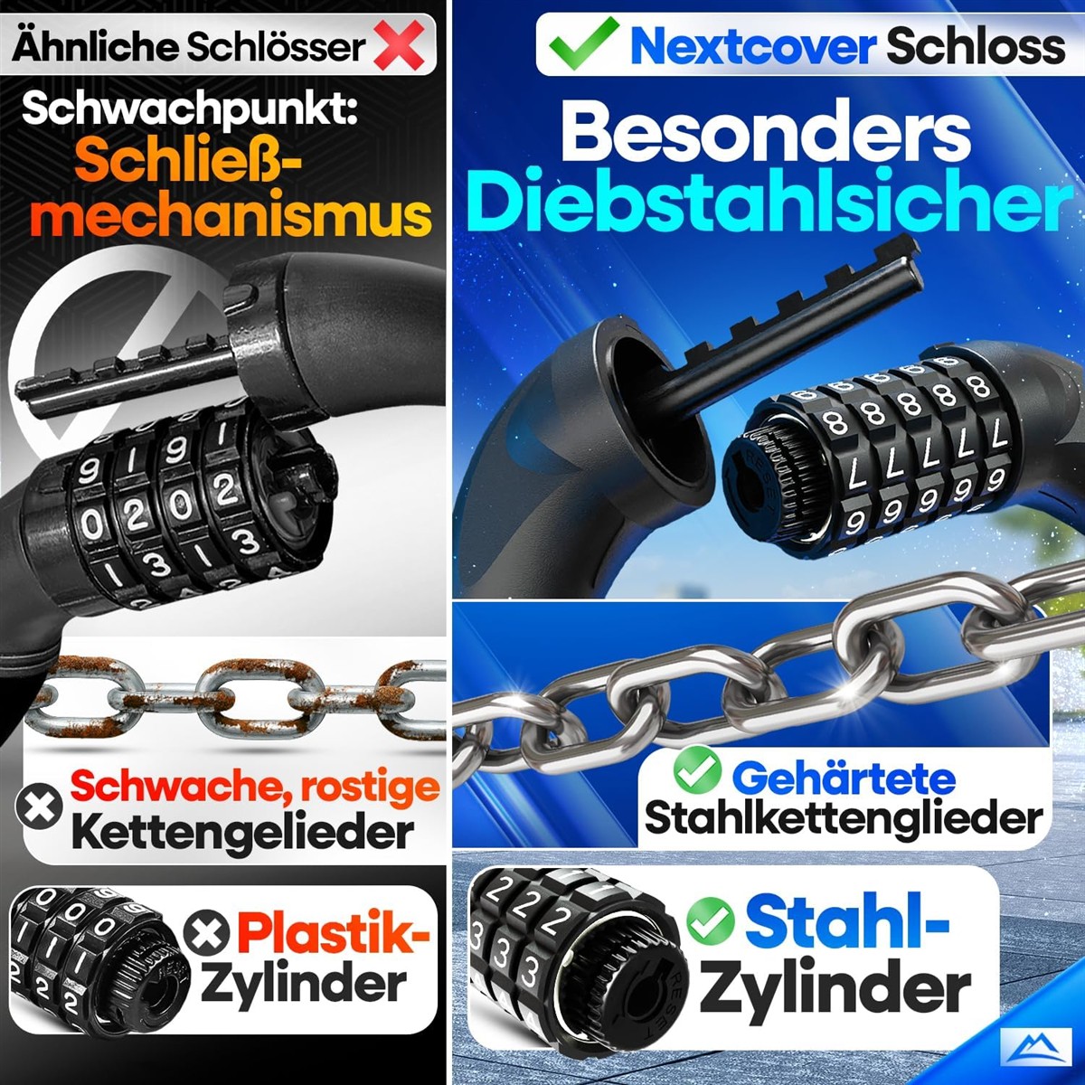Zahlenschloss, Sicherheitsschloss, Vierschloss, Kettenglieder, Zylinder