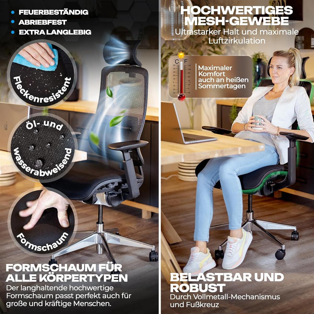 VALKENSTOL M6 Ergonomischer Bürostuhl 150 kg Schreibtischstuhl schwarz