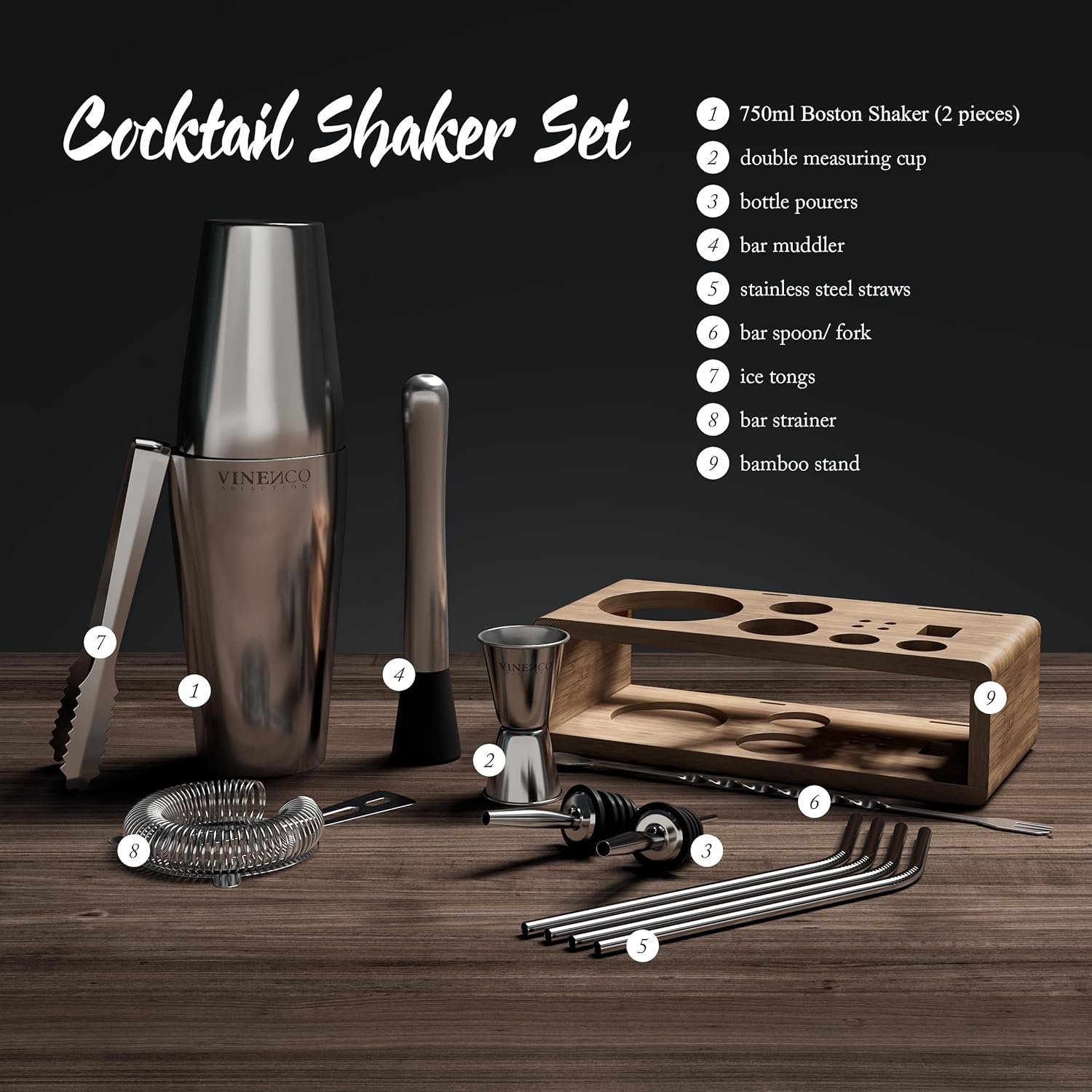 Vinenco Cocktail Shaker Set mit Ständer lang