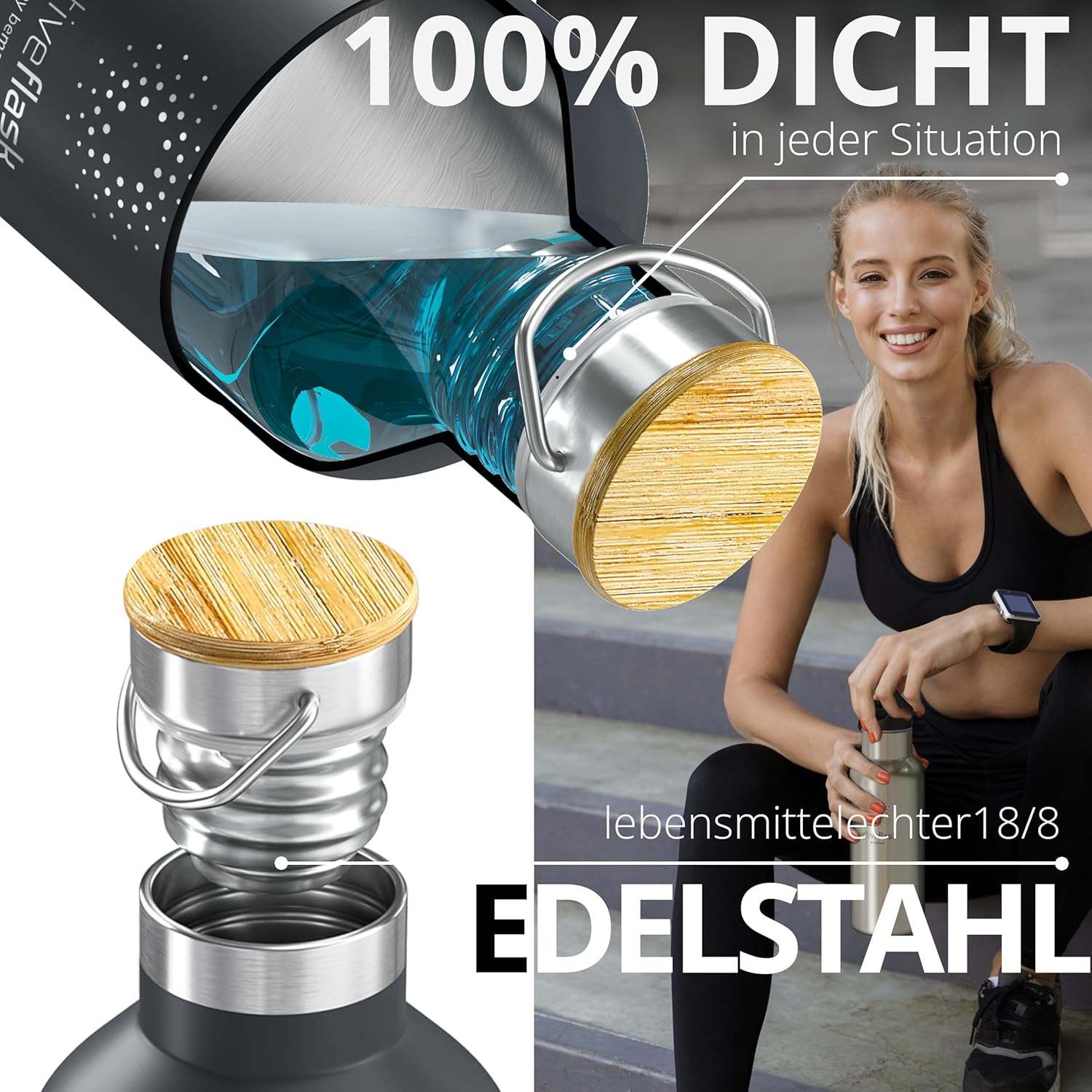 BeMaxx Trinkflasche Edelstahl ACTIVE FLASK grau Bamboo-Verschluss 950l