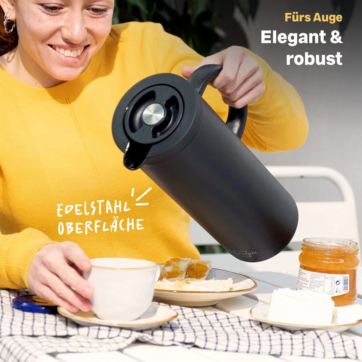 Kaffeebereiter, Thermobehälter, Stoffbecher, Edelstahl, mattschwarz