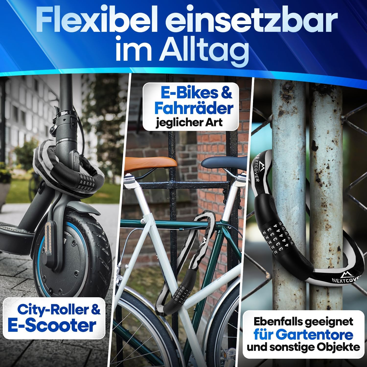 NEXTCOVER Fahrradschloss mit Zahlencode LockPro - Das Original - SAFESECURE hohe Sicherheit 5- stelliger Zahlencode, Zahlenschloss Fahrrad Stahl Bike Lock für E-Bike Kettenschloss