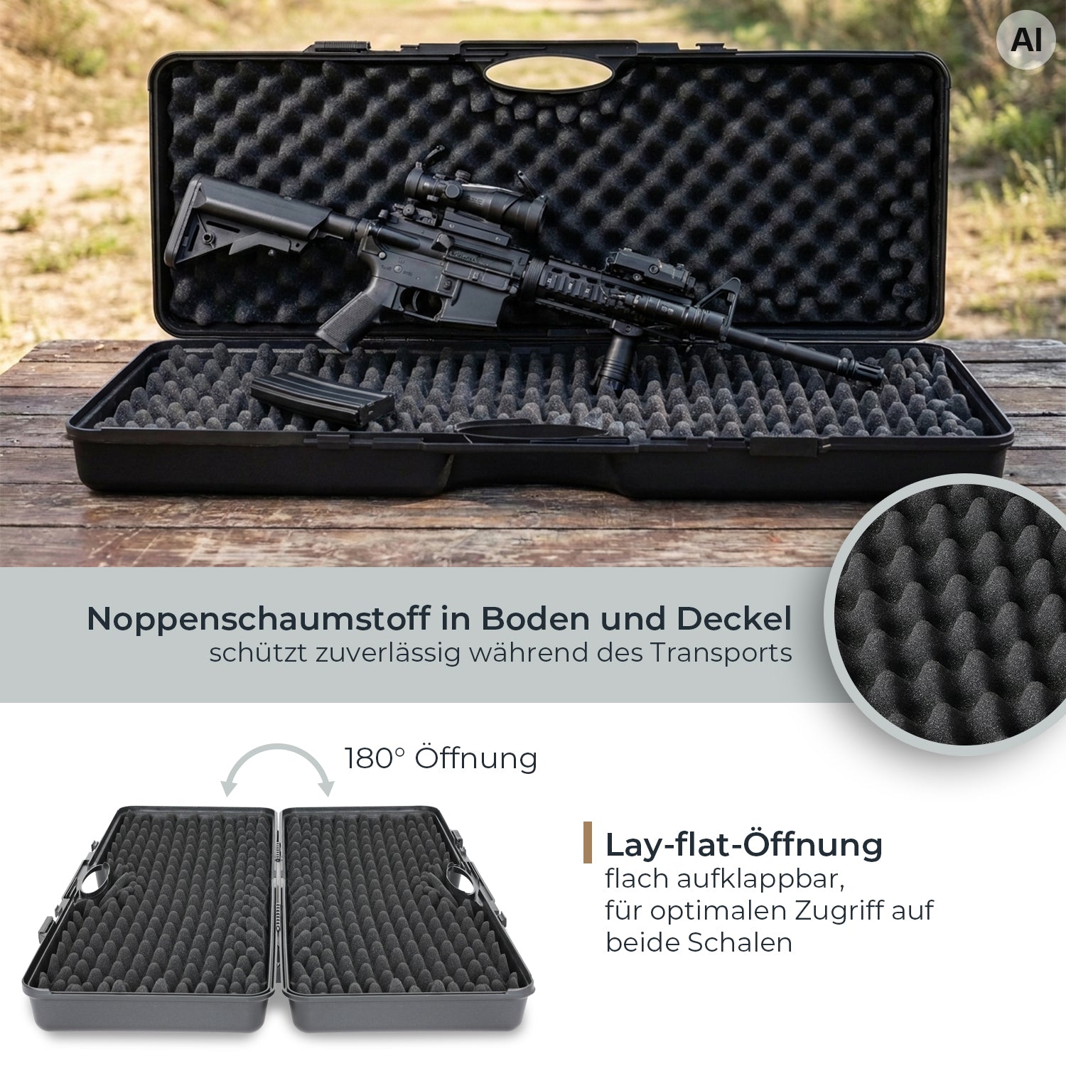 Waffenkoffer, Hartschalenkoffer, Noppenschaumstoff, Schwarz, 180°-Öffnung