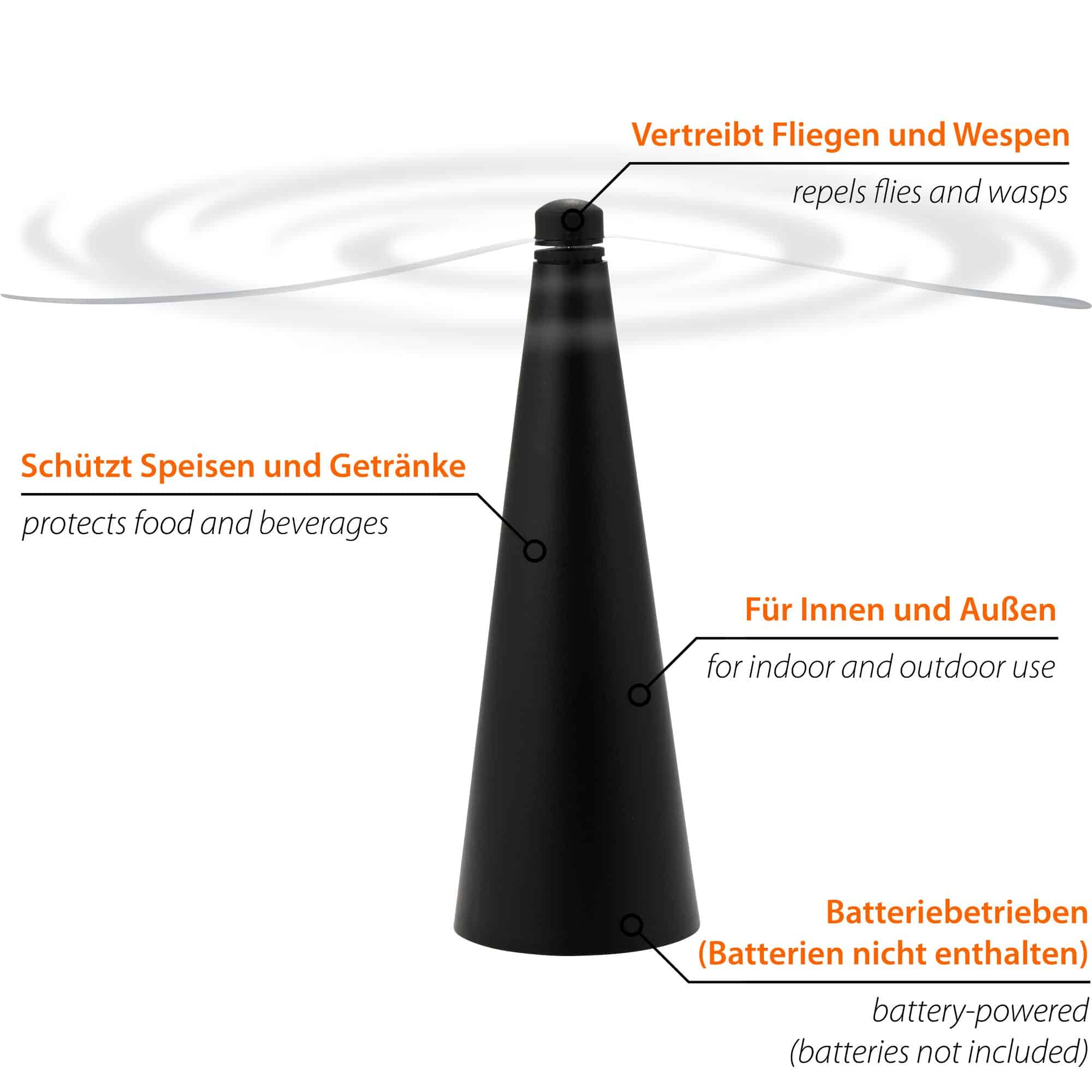 Luftreiniger, Schwarz, Kegelform, Propeller, Batteriebetrieben
