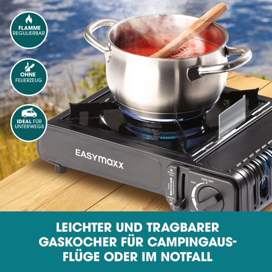 EASYmaxx Gaskocher tragbar kompakter Campingkocher mit Transportkoffer 2500 W Outdoo