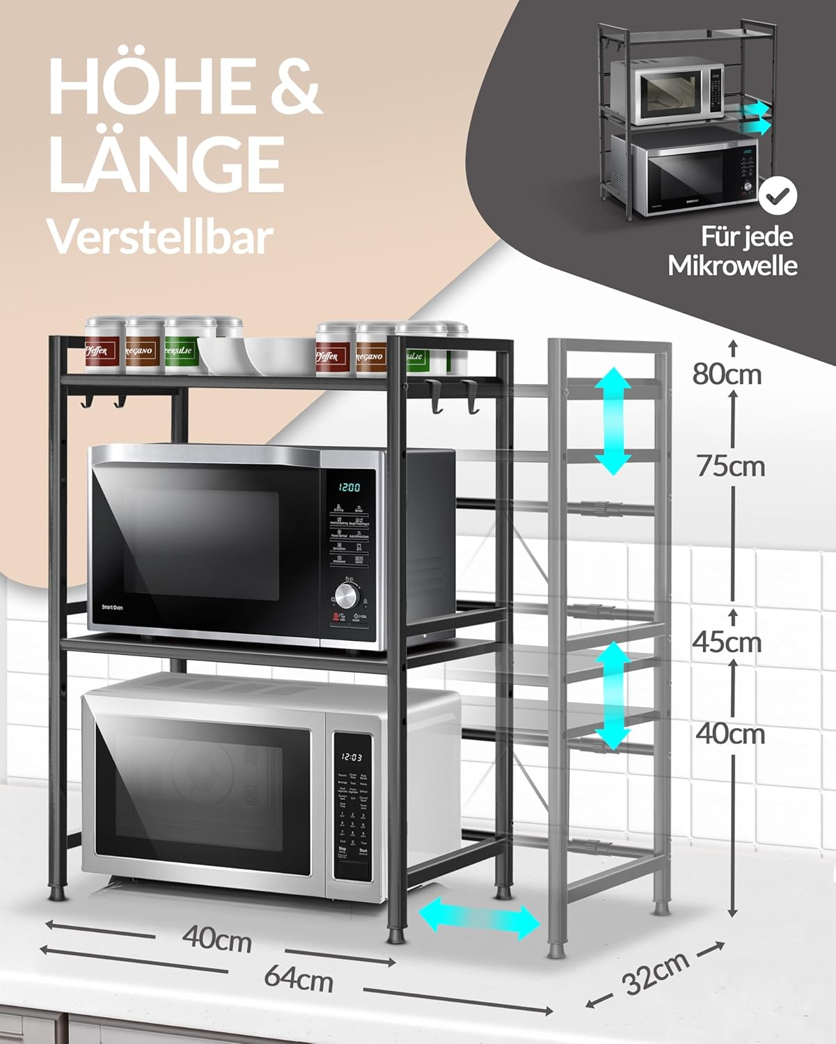 Heldenwunder Mikrowellenregal 3-stufig schwarz Küchenregal