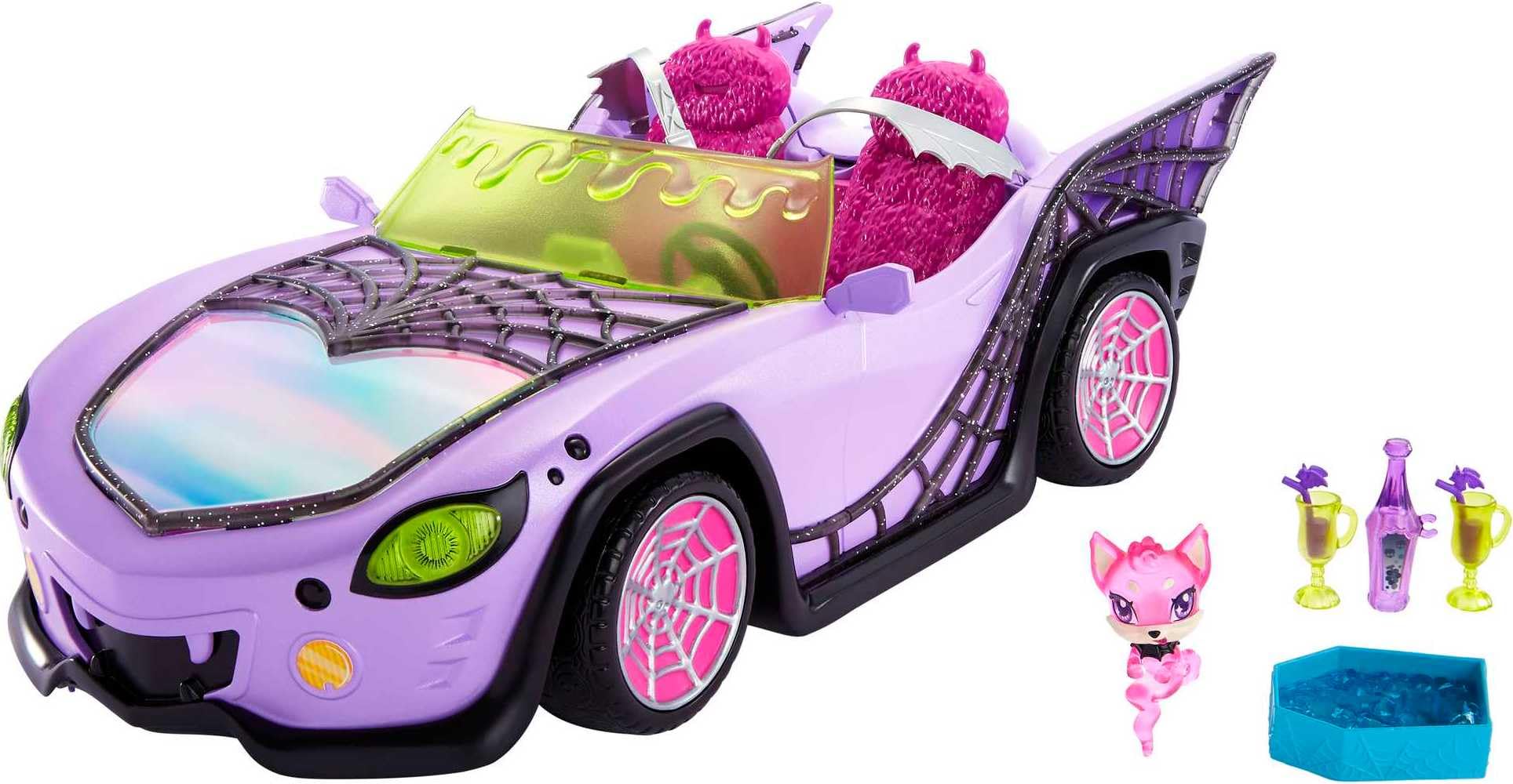 Monster High Ghoul Mobile - Lilafarbenes Cabrio mit schillernden Spinnennetzen, plüschigem Innenraum und Eiskühler in Sargform, Platz für 4 Puppen, Puppen Nicht enthalten, HHK63