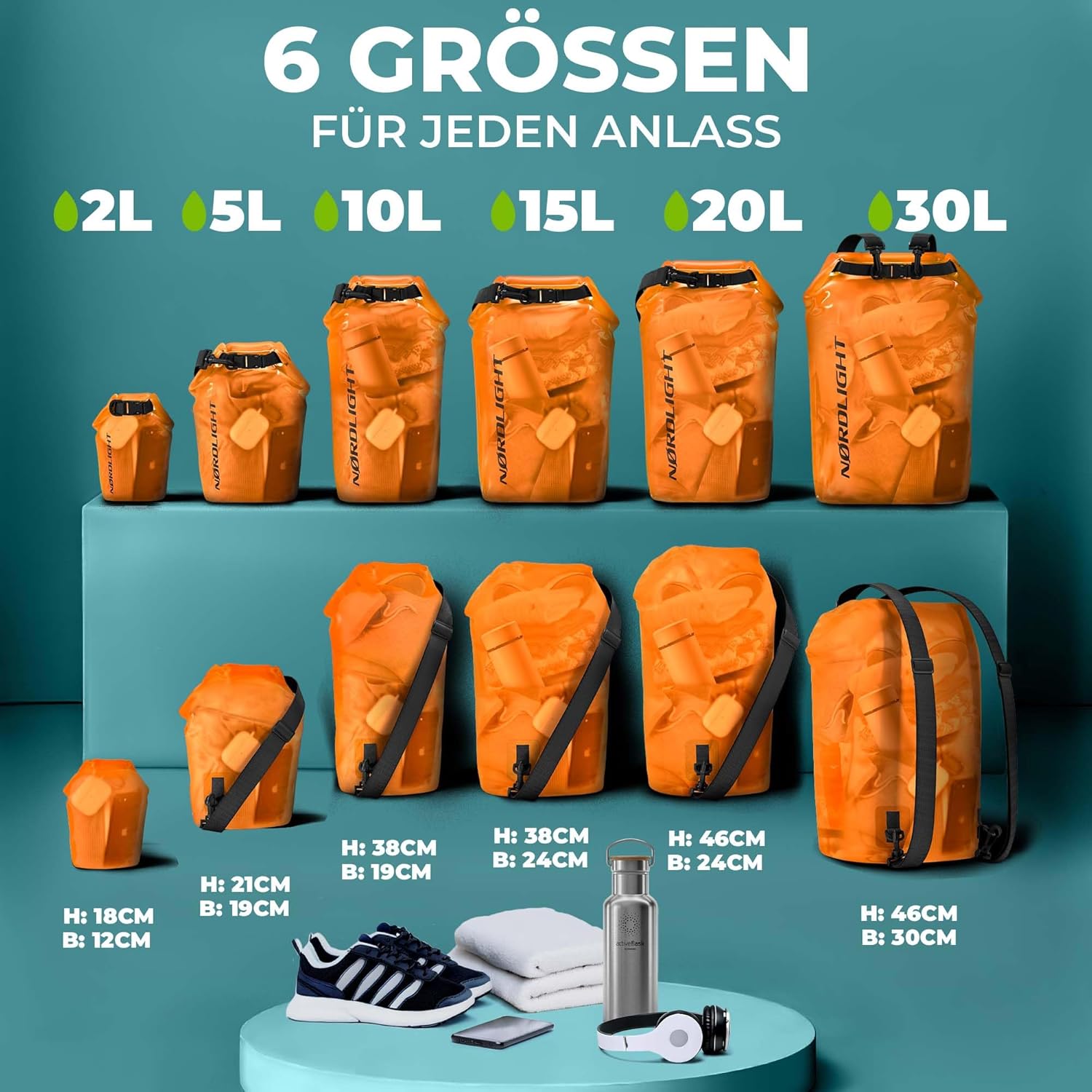 Nordlight 3er Set Wasserdichter Rucksack Dry Bag 10L - Roll Top Rucksack Kurierrucksack orange